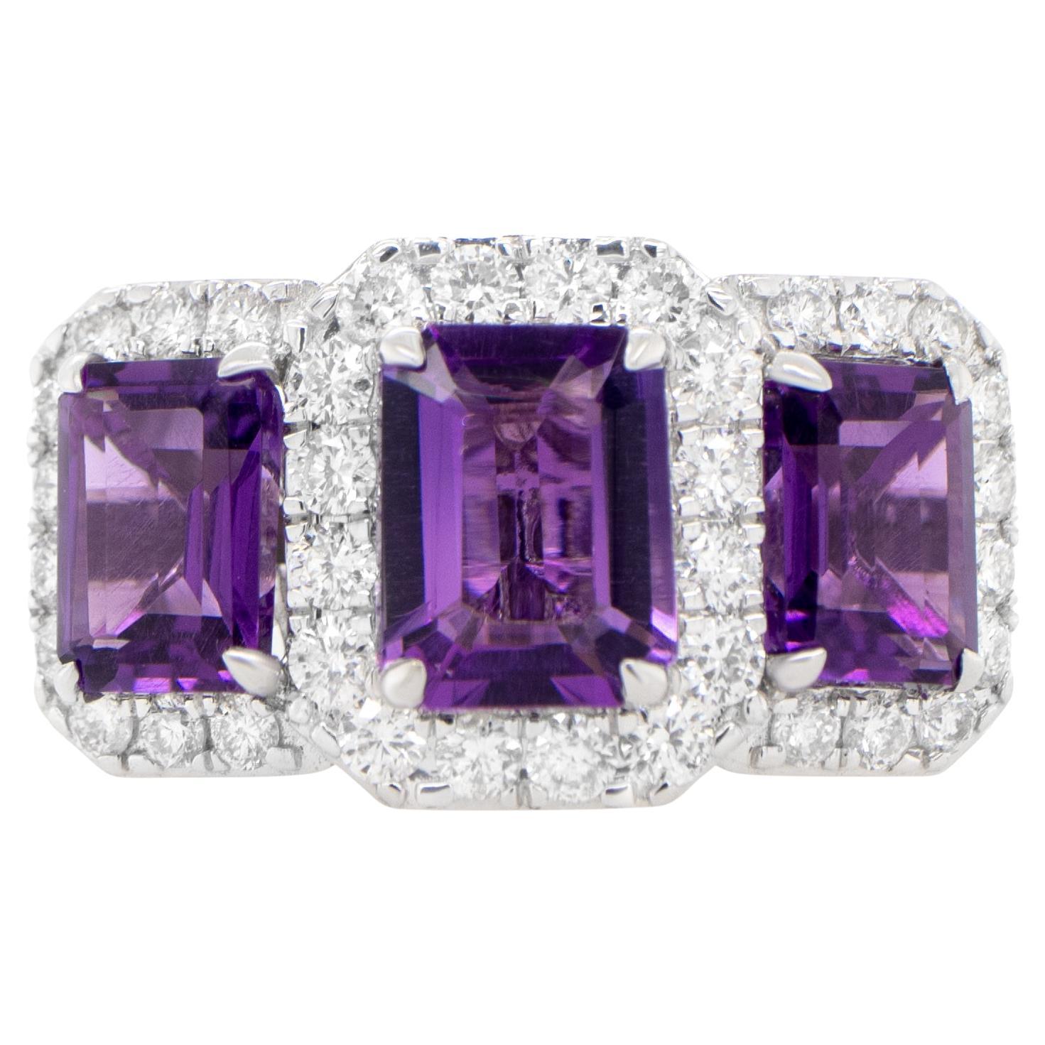 Amethyst Three Stone Ring Diamond Setting 3.92 Carats 18K Gold