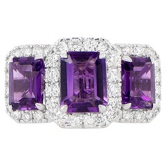 Amethyst Three Stone Ring Diamond Setting 3.92 Carats 18K Gold