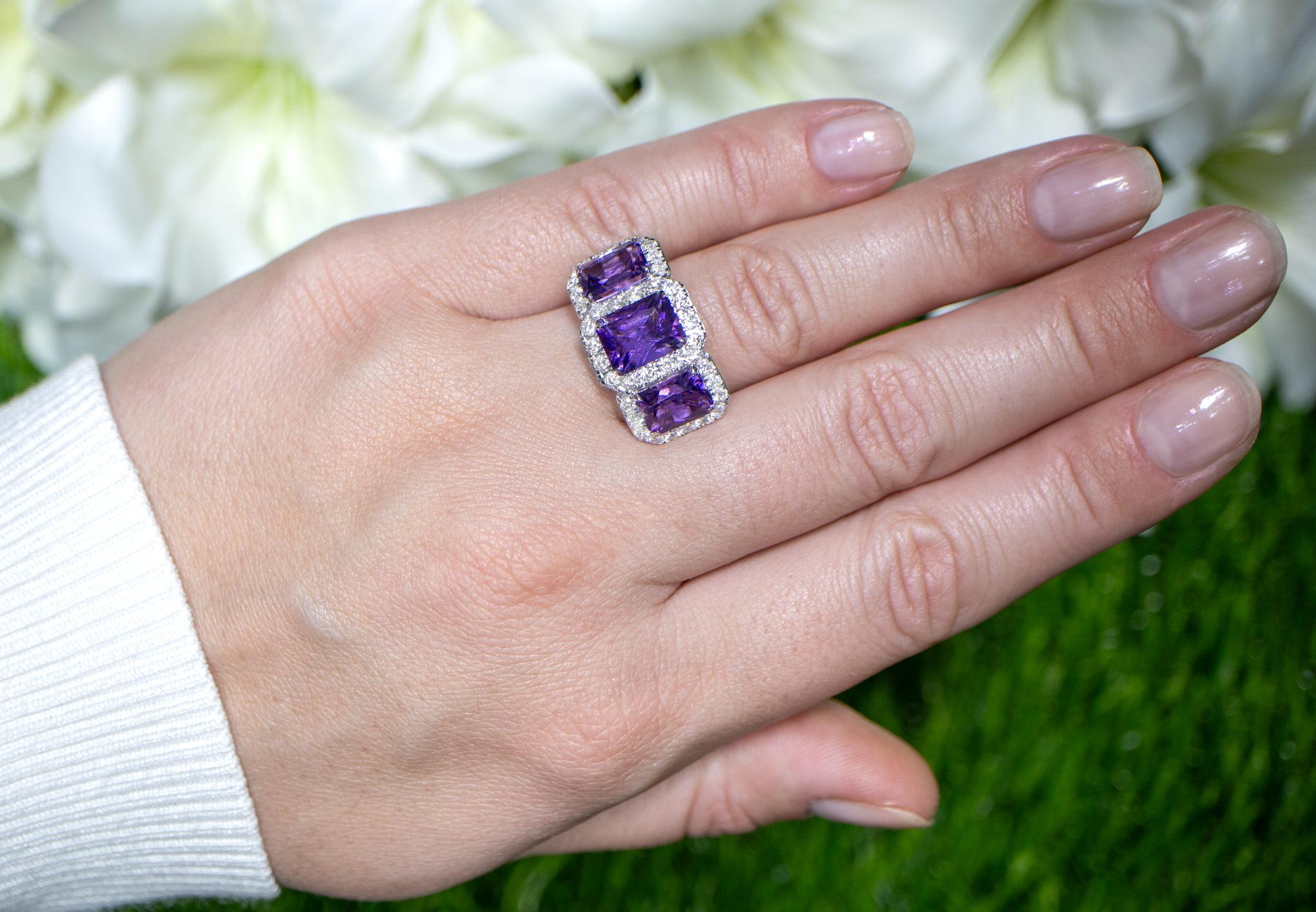It comes with the Gemological Appraisal by GIA GG/AJP
All Gemstones are Natural
Amethysts = 5.51 Carats
Diamonds = 1.12 Carats
Metal: 18K White Gold
Ring Size: 6.25* US
*It can be resized complimentary
