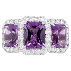 Amethyst Three Stone Ring Diamond Setting 6.63 Carats 18K Gold