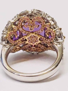 Amethyst Three-Stone Ring with Diamond Halo