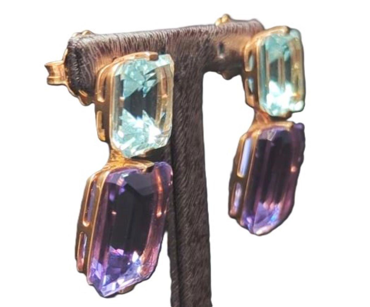 Brilliant Cut Amethyst,  Topaz  & 18K Yellow Gold Earrings For Sale