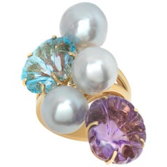 Amethyst & Topaz 18K yellow gold ring with three South Sea Pearls