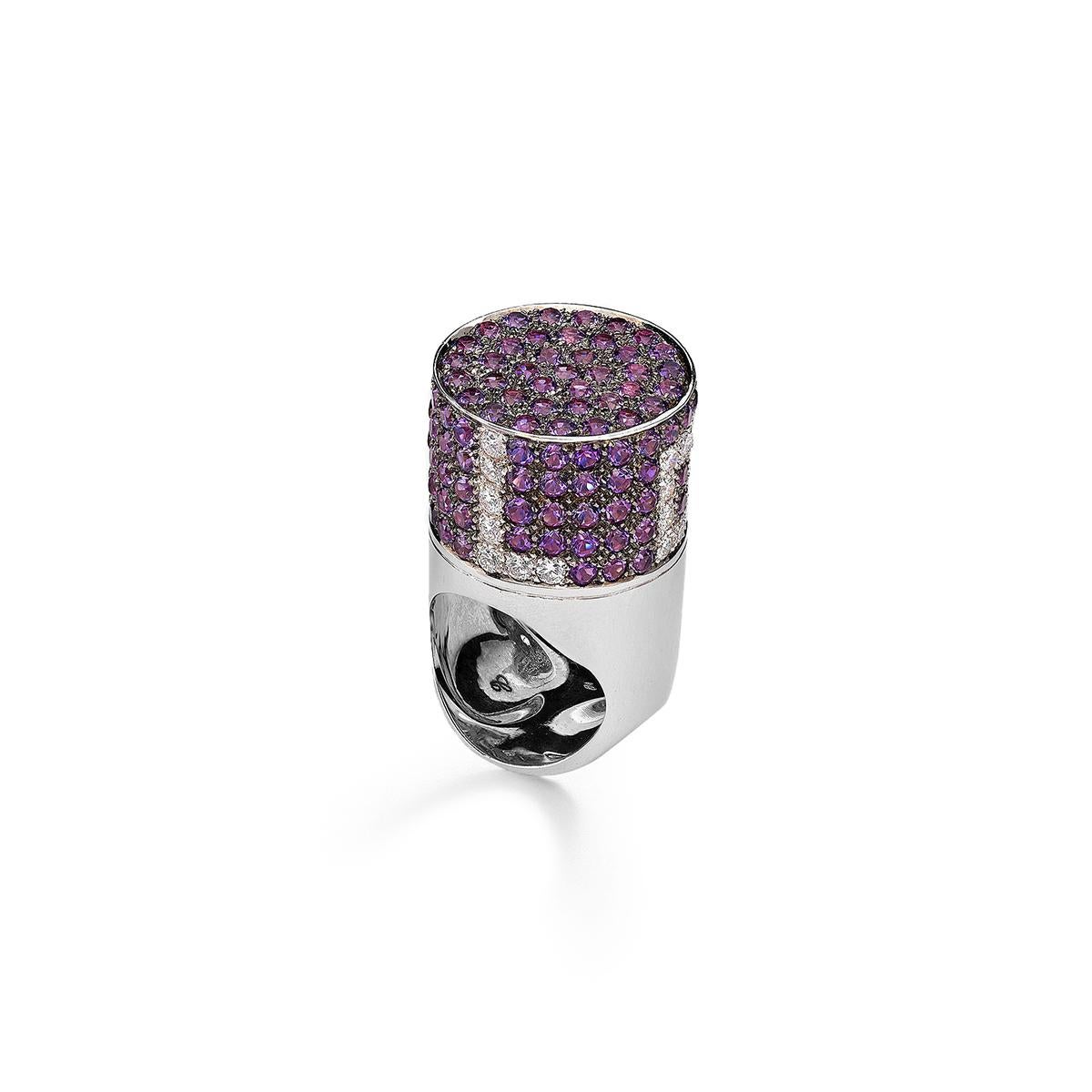 Love ring in 18kt white gold set with 34 diamonds 2.03 cts and 125 amethyst 7.32 cts Size 53
