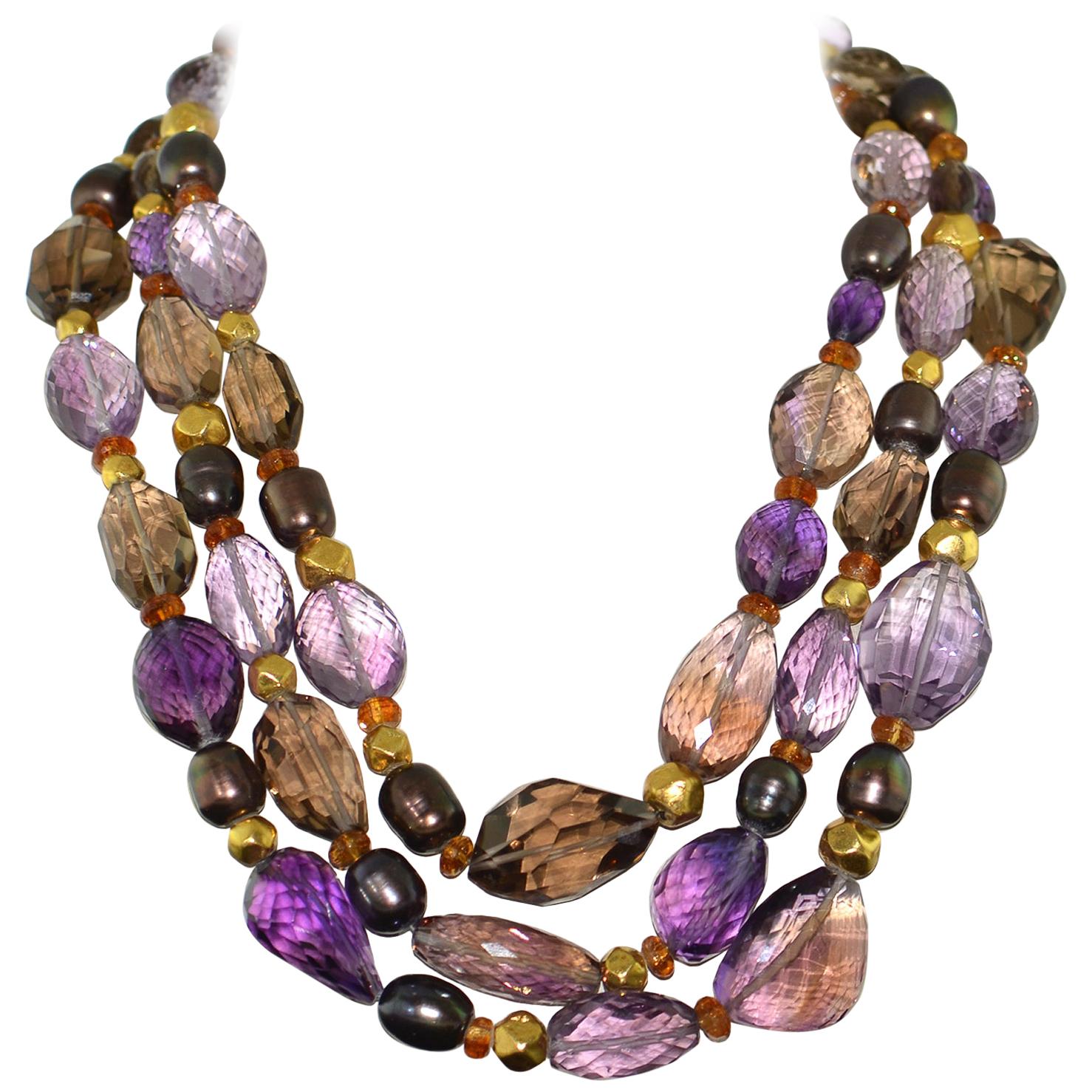 Amethyst Topaz Pearl 18k Yellow Gold Necklace
