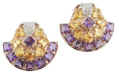 Amethyst Topaz Diamond Gold Fan Earrings