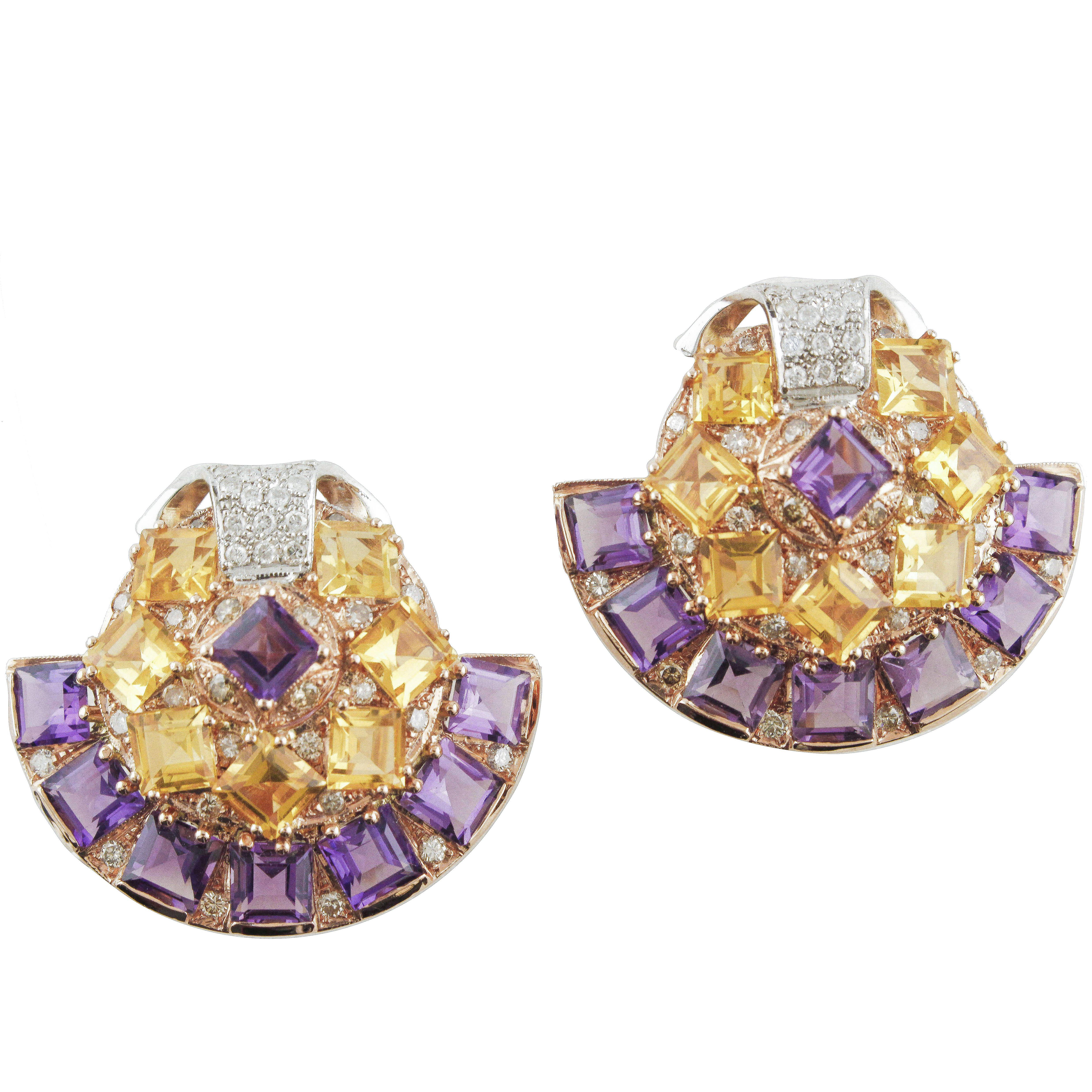 Amethyst Topaz Diamond Gold Fan Earrings For Sale