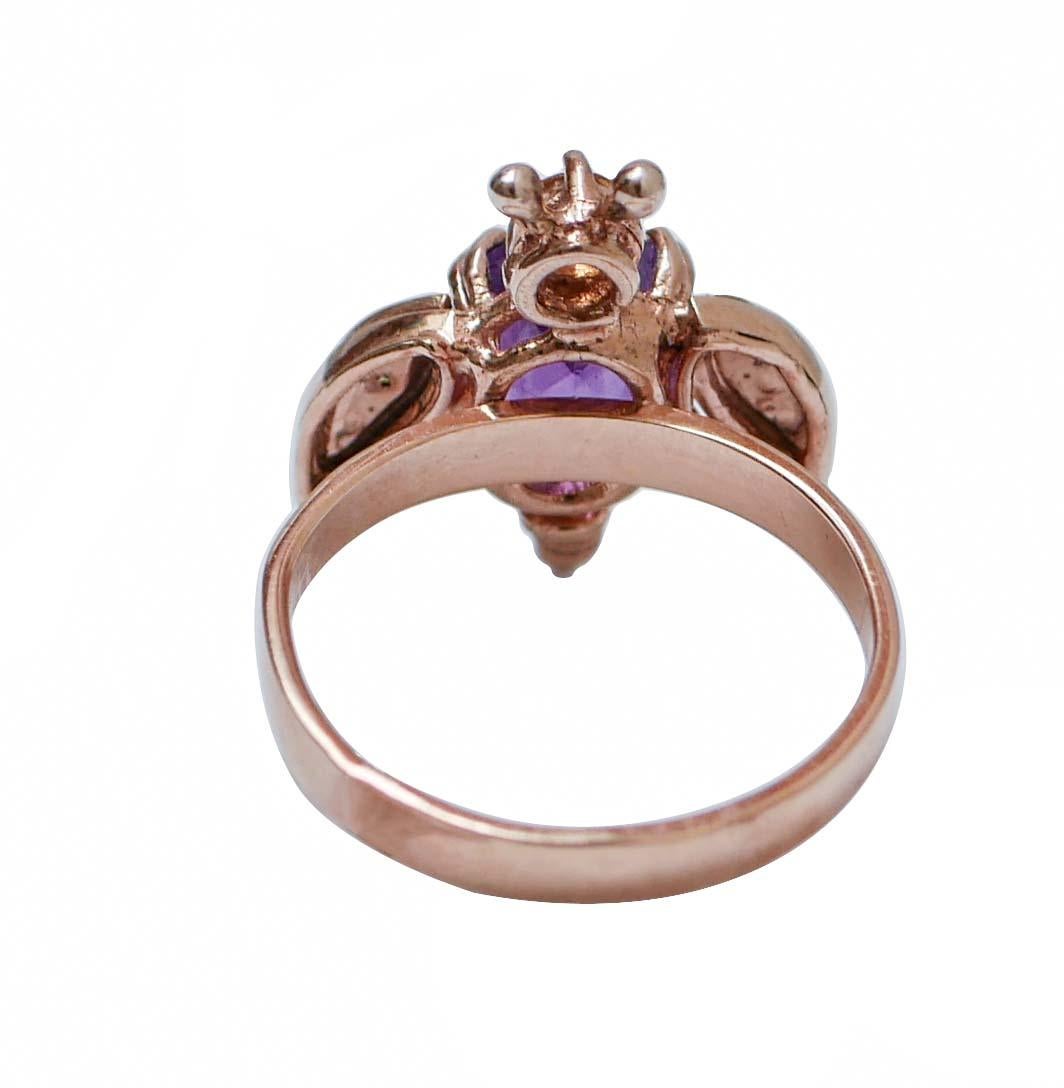 Retro Amethyst, Topaz, Diamonds, Rose Gold and Silver Fly Ring. For Sale