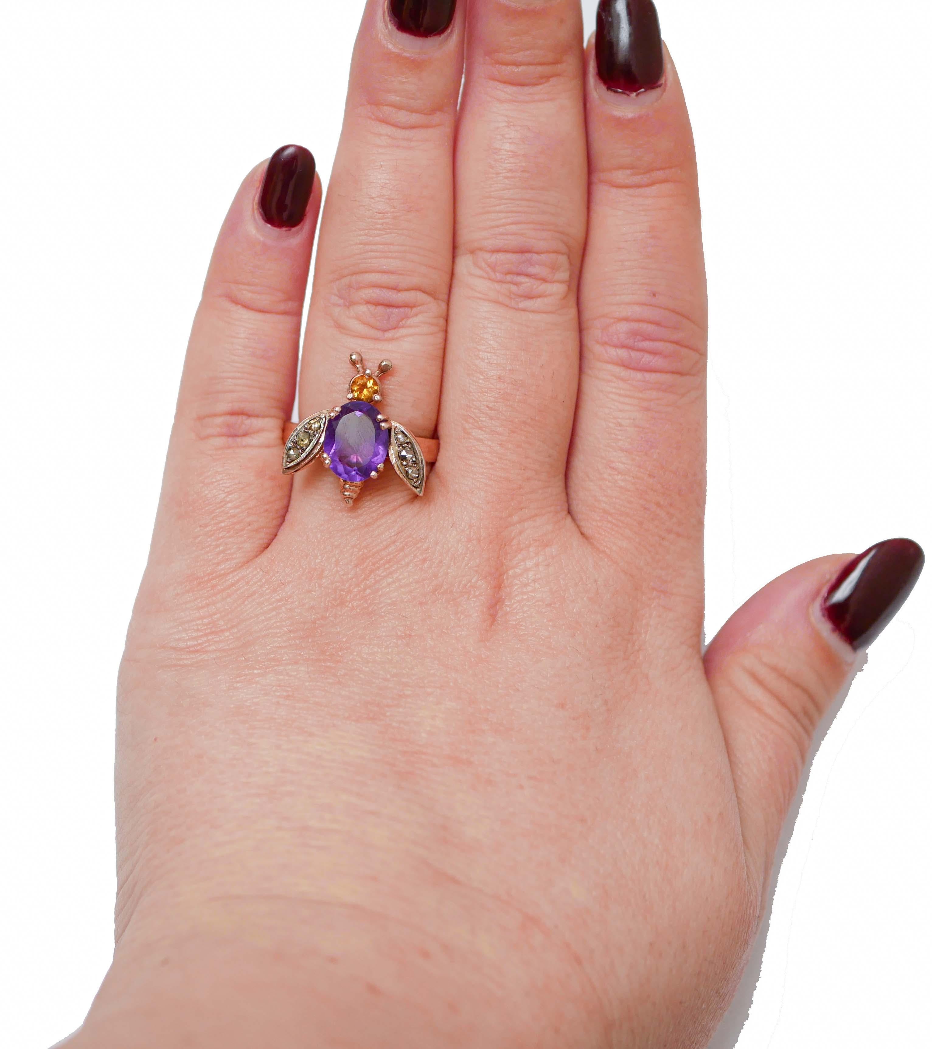 Mixed Cut Amethyst, Topaz, Diamonds, Rose Gold and Silver Fly Ring. For Sale