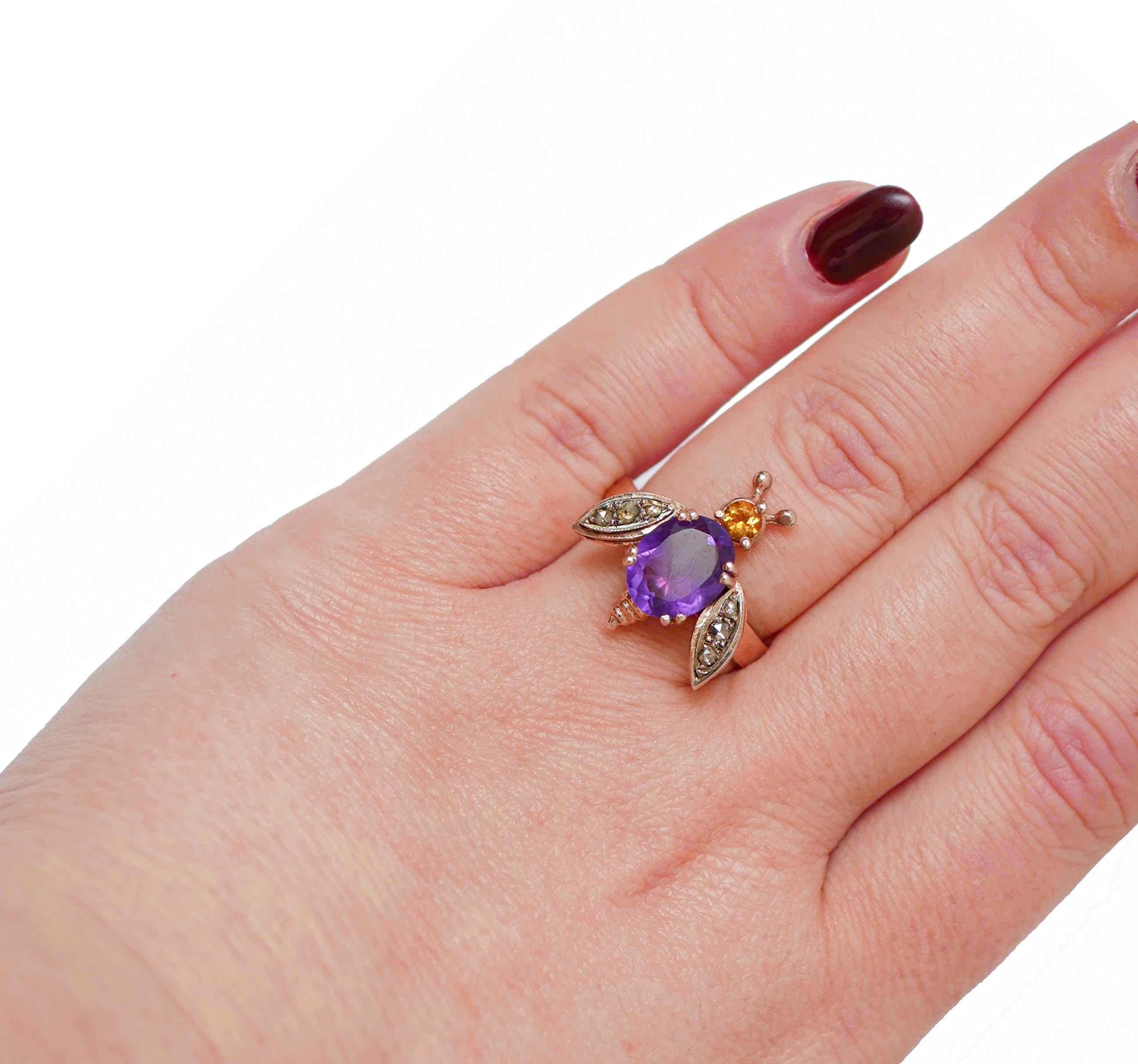 Amethyst, Topaz, Diamonds, Rose Gold and Silver Fly Ring. In Good Condition For Sale In Marcianise, Marcianise (CE)