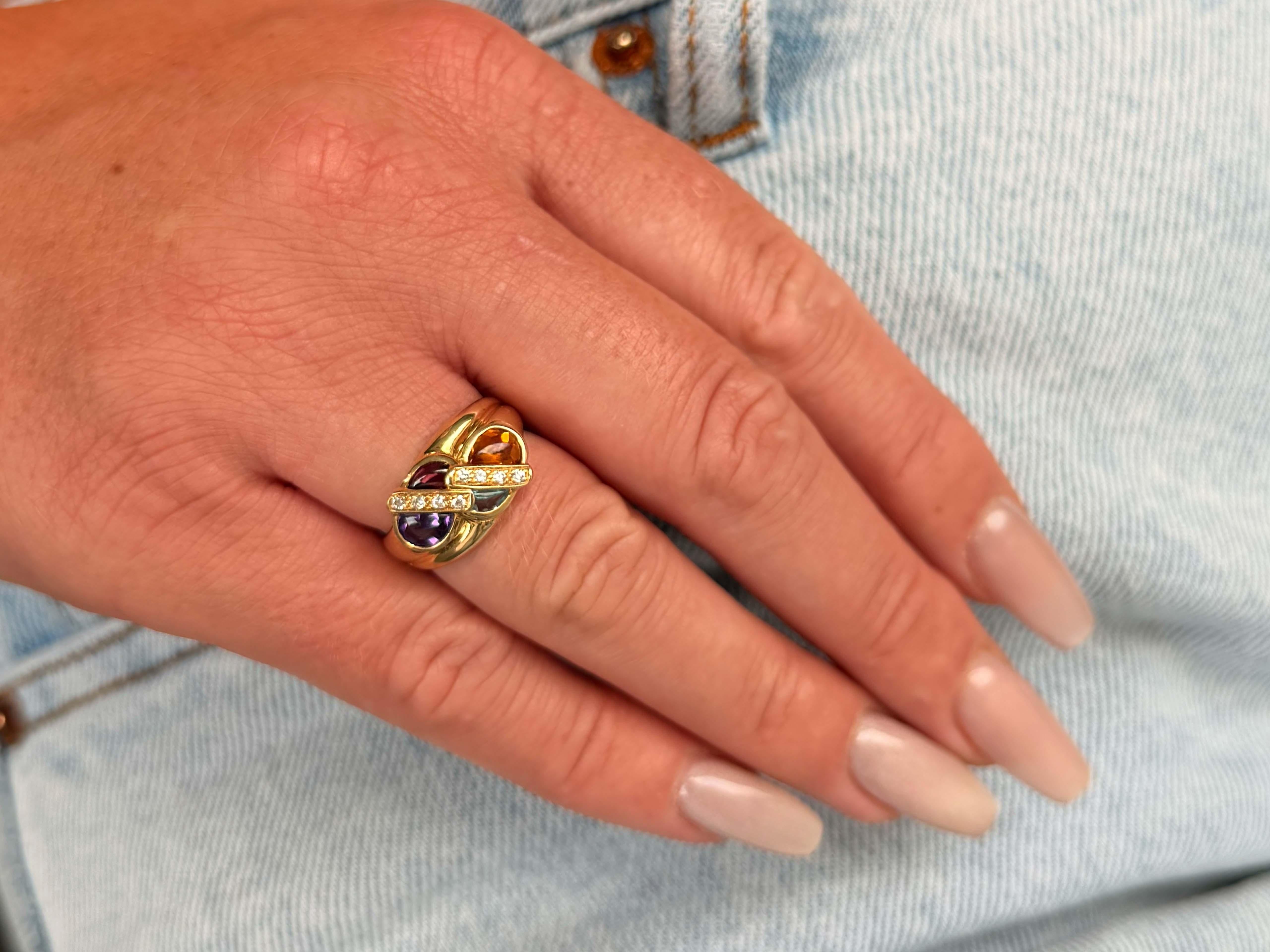 Specifiche dell'articolo:

Metallo: oro giallo 18k

Peso dell'anello: 5,9 grammi

Misura dell'anello: 6.5

Altezza anello: 10,5 mm

Pietra preziosa: Ametista e Topazio

Numero di diamanti: 8 diamanti taglio brillante

Peso del diamante: 0,08