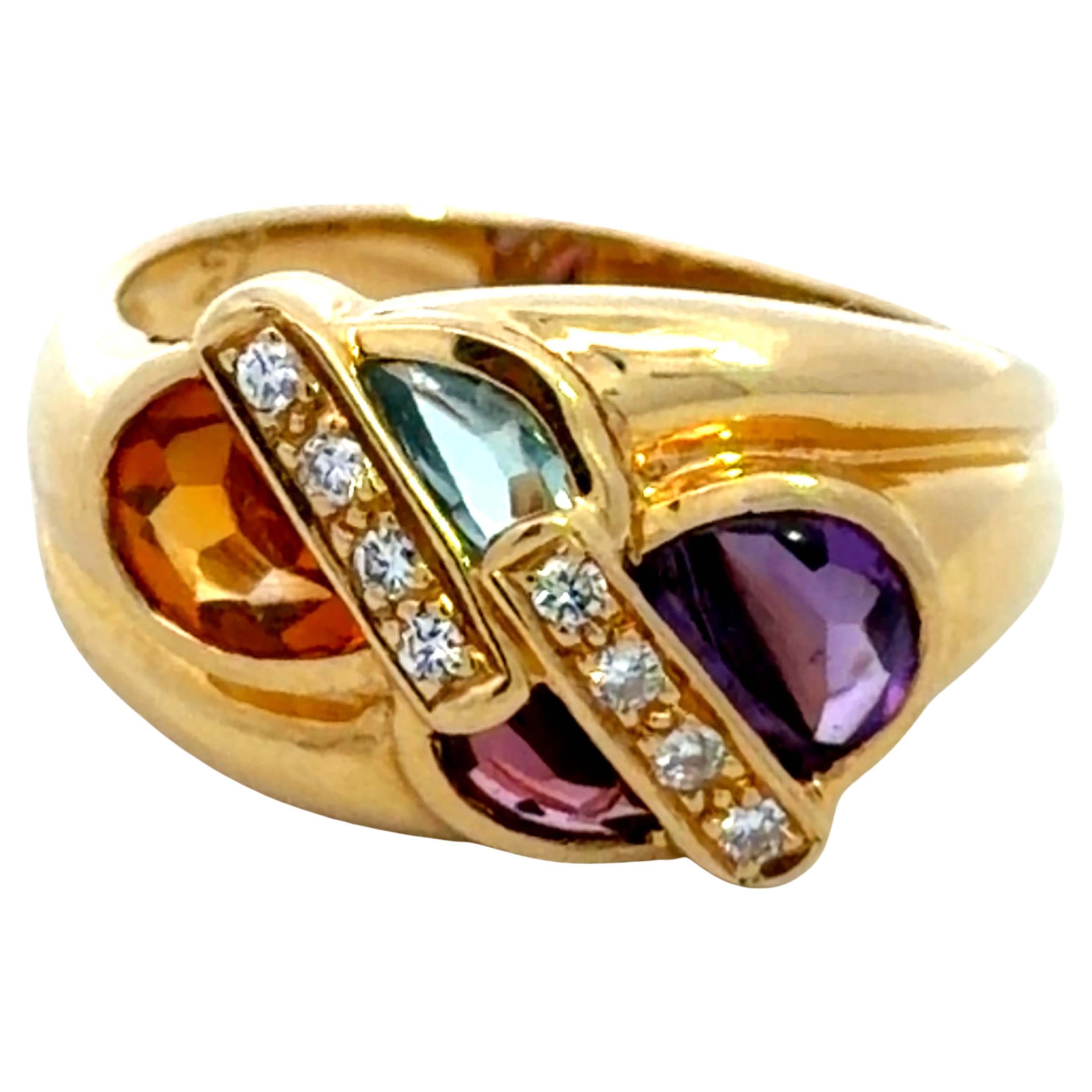 Anello con ametista, topazio, gemme multicolori e diamanti in oro giallo 18 carati