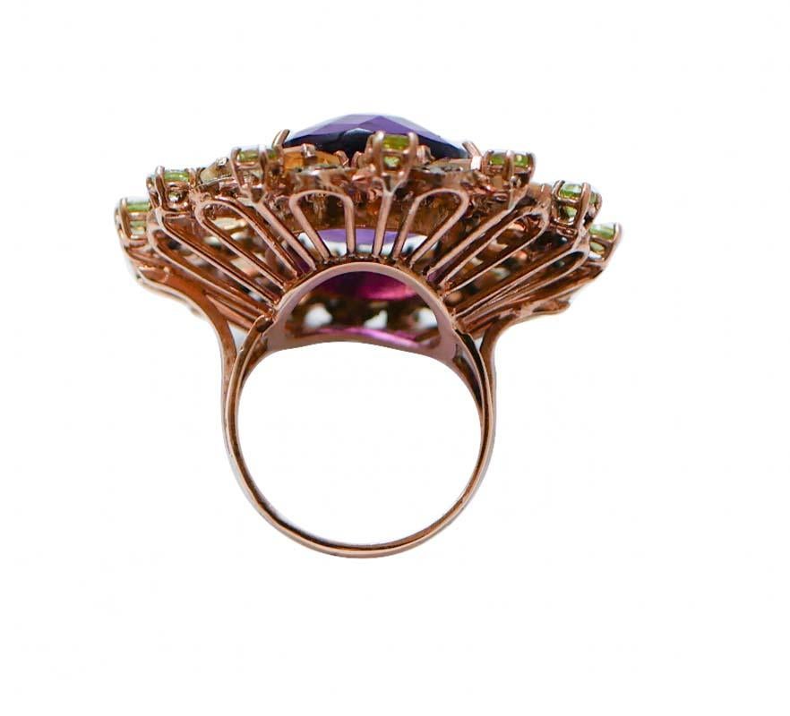 Retro Amethyst, Topaz, Peridots, Diamonds, Rose Gold and Silver Ring. For Sale