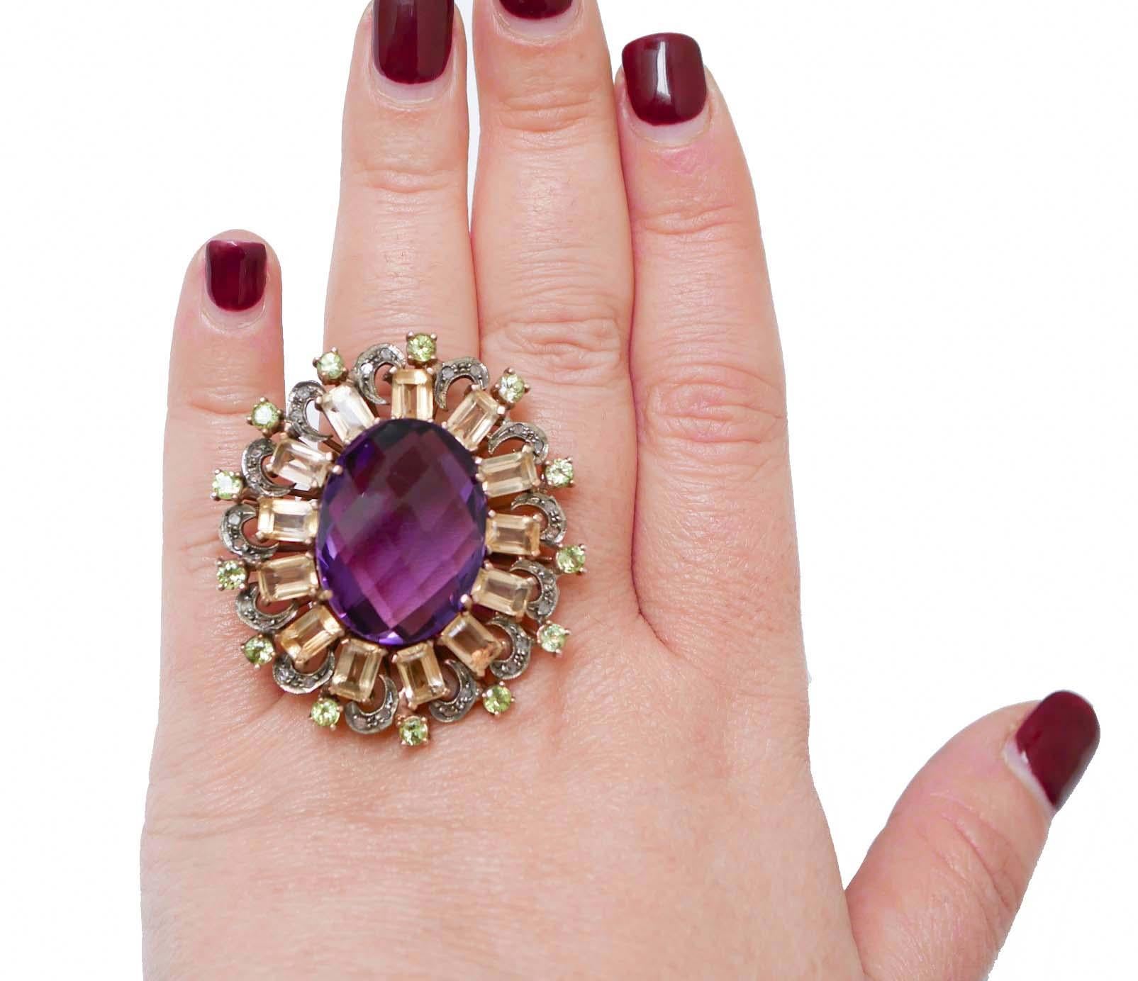 Mixed Cut Amethyst, Topaz, Peridots, Diamonds, Rose Gold and Silver Ring. For Sale