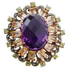 Améthyste, topaze, péridots, diamants, bague en or rose et argent.