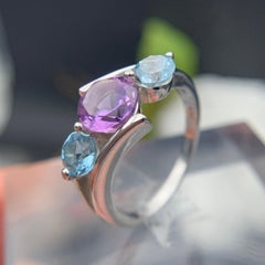 Amethyst & Topaz Ring 925 Sterling Silver Handmade Purple & Sky Blue Round Gems
