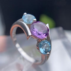 Amethyst & Topaz Ring 925 Sterling Silver Handmade Purple & Sky Blue Round Gems