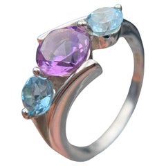 Amethyst & Topaz Ring 925 Sterling Silver Handmade Purple & Sky Blue Round Gems