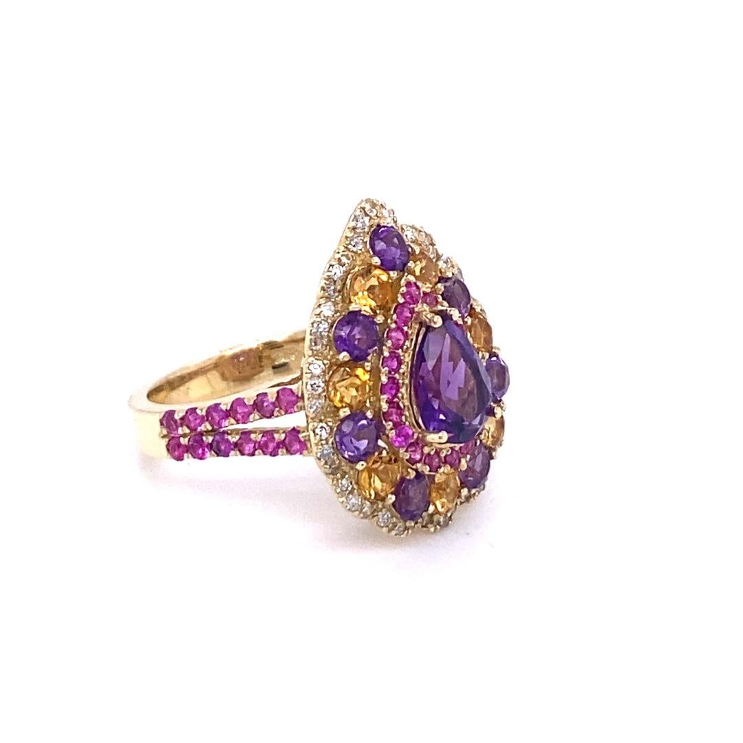 Contemporary Amethyst Sapphire Diamond Yellow Gold Cocktail Ring For Sale