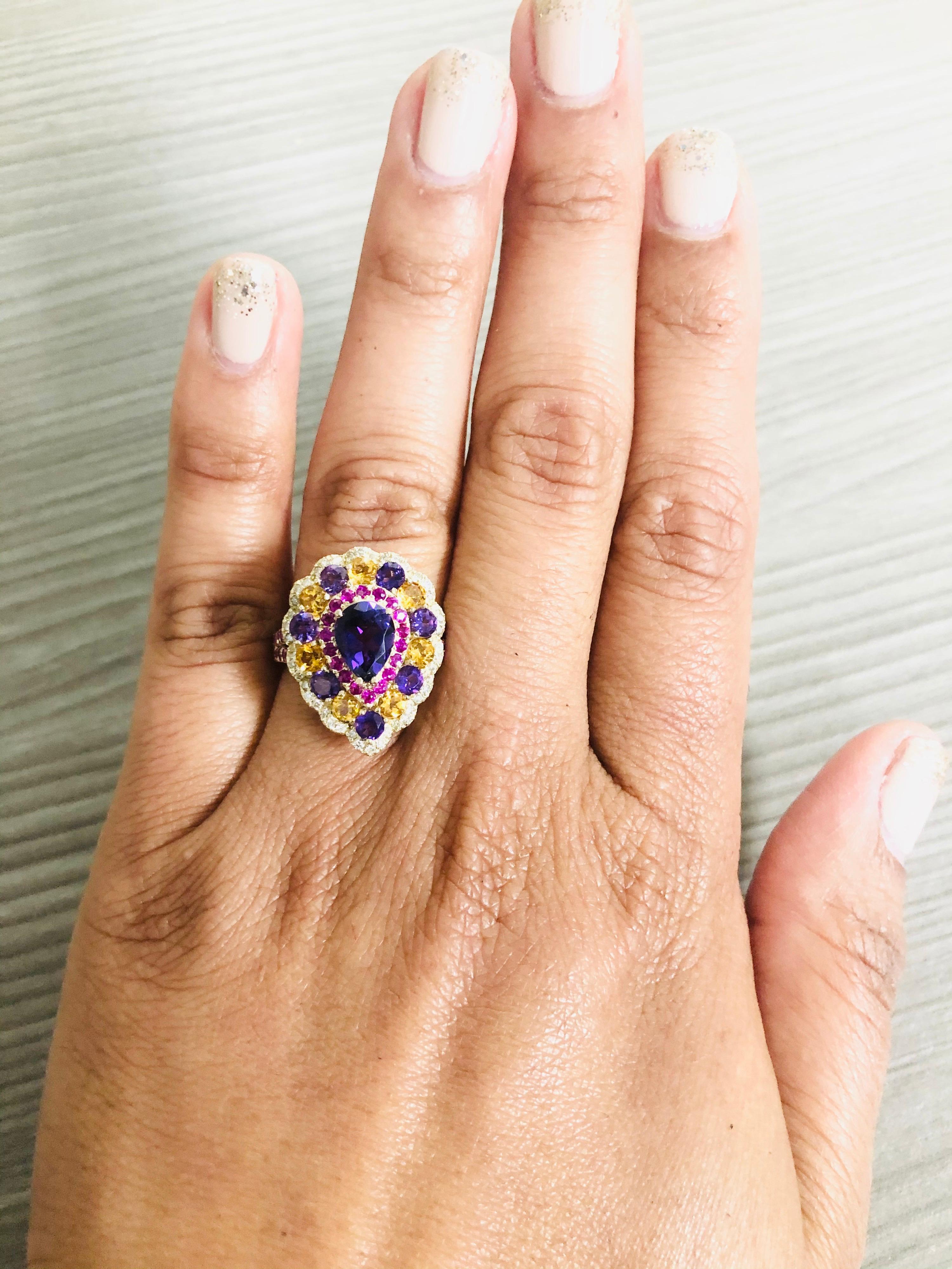 Pear Cut Amethyst Sapphire Diamond Yellow Gold Cocktail Ring For Sale