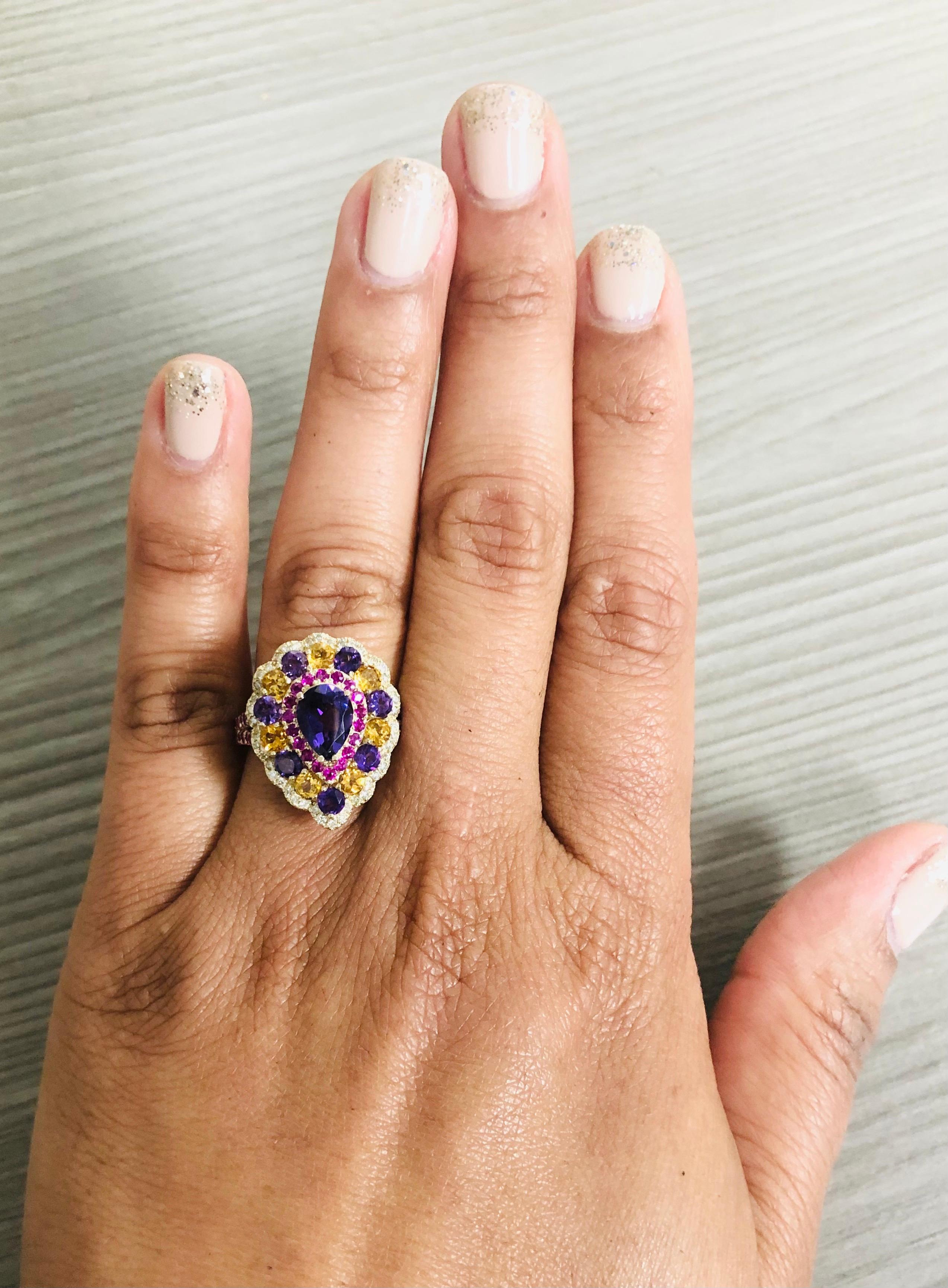 Amethyst Sapphire Diamond Yellow Gold Cocktail Ring In New Condition For Sale In Los Angeles, CA