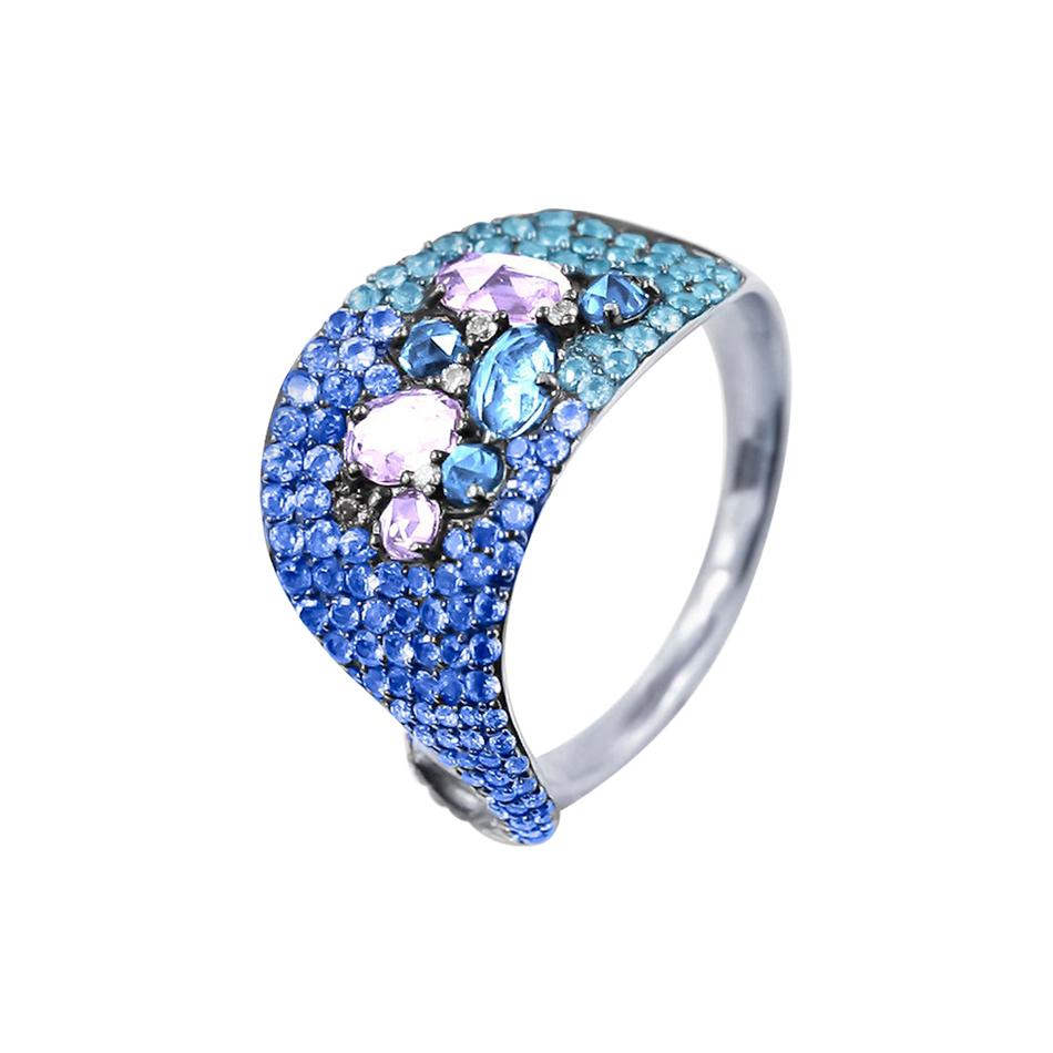 Designer-Ring aus Weißgold mit drei Steinen, Amethyst, Topas, weißer Diamant, blauer Saphir