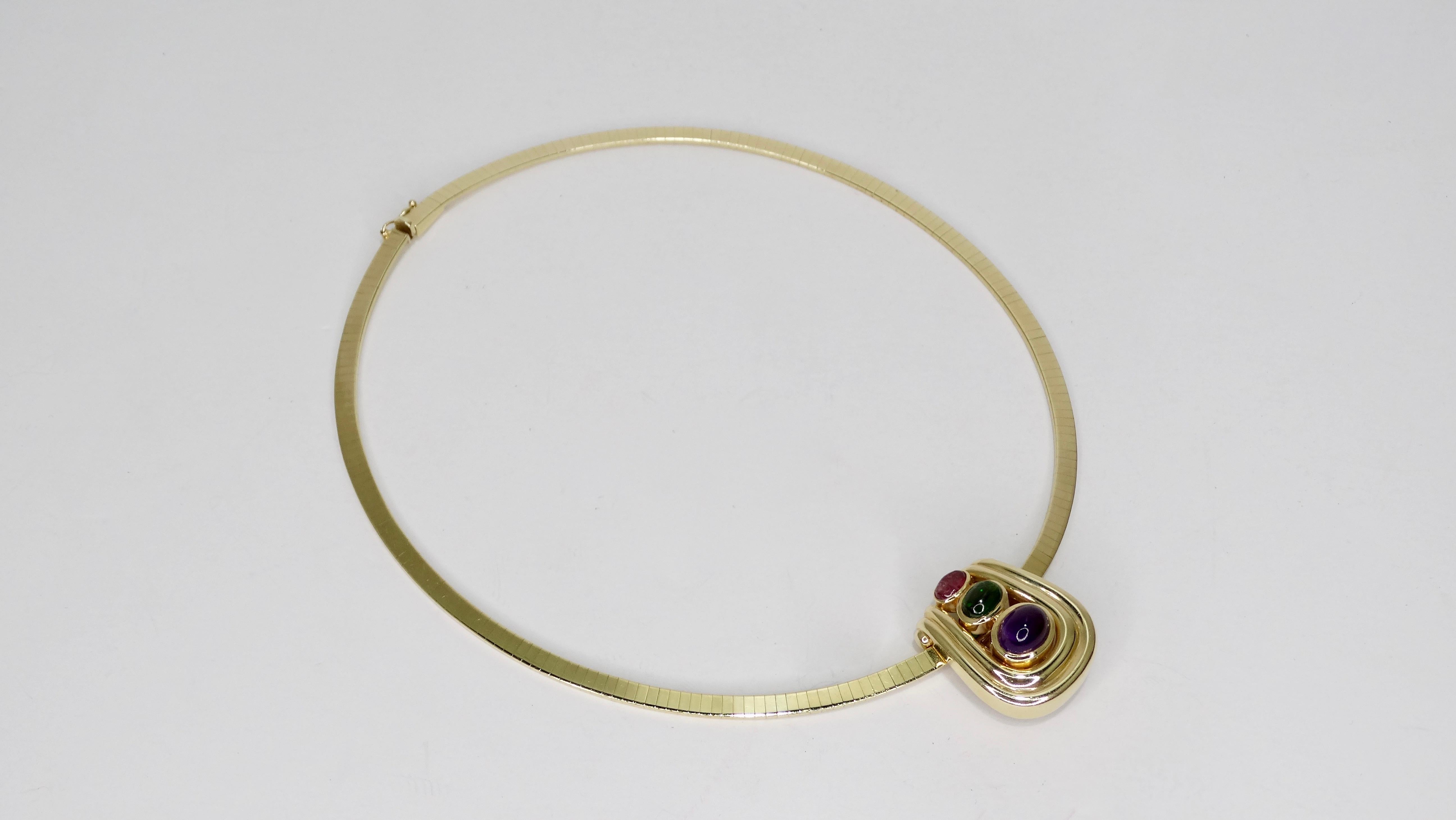 Beautiful 14k Gold choker necklace with a removable pendant that features Cabochon cut Amethyst, Pink Tourmaline and Green Tourmaline. 38.09g in total weight. Pair with your favorite vintage Missoni kaftan or slick black Yves Saint Laurent evening