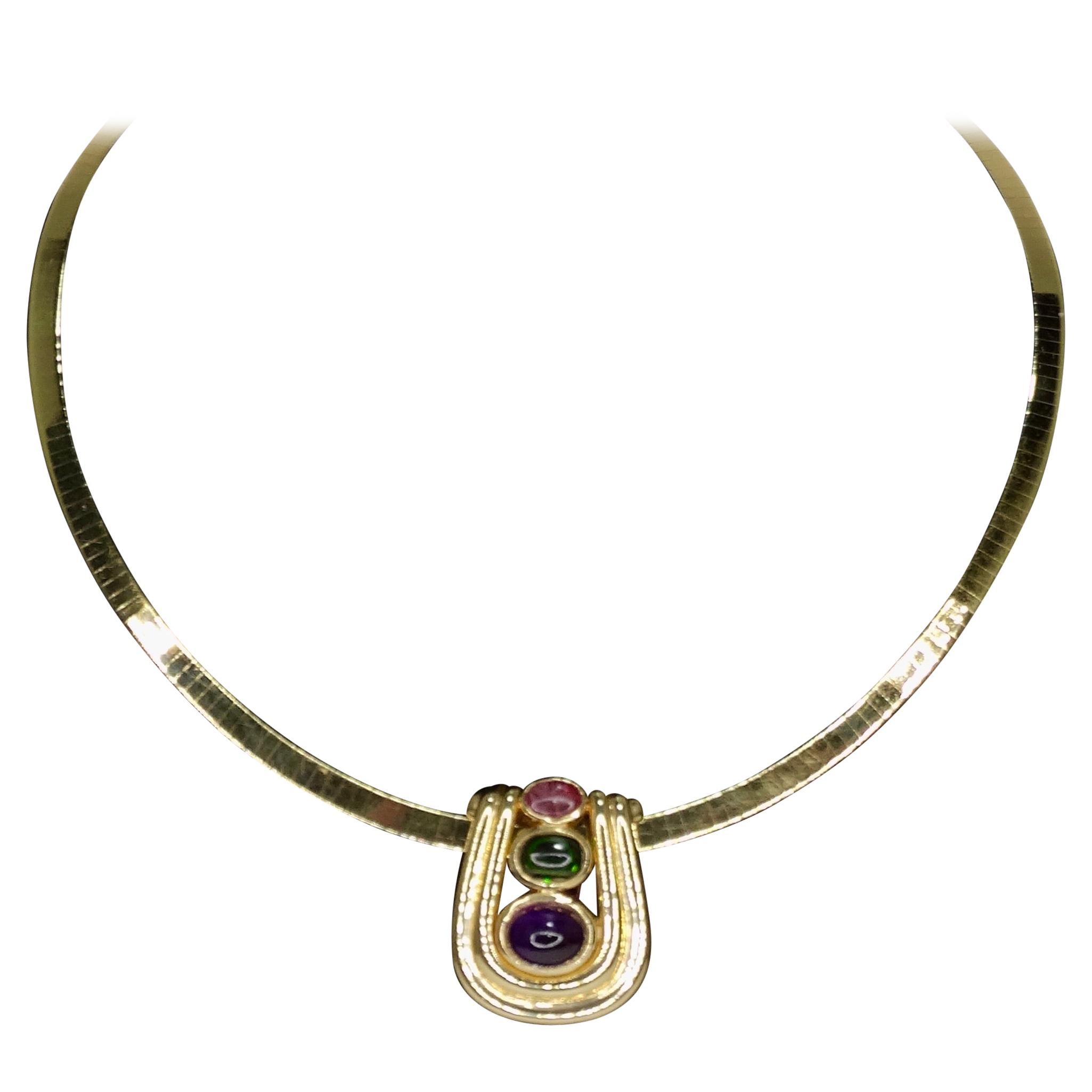 Amethyst & Tourmaline 14k Gold Choker Pendant Necklace  For Sale