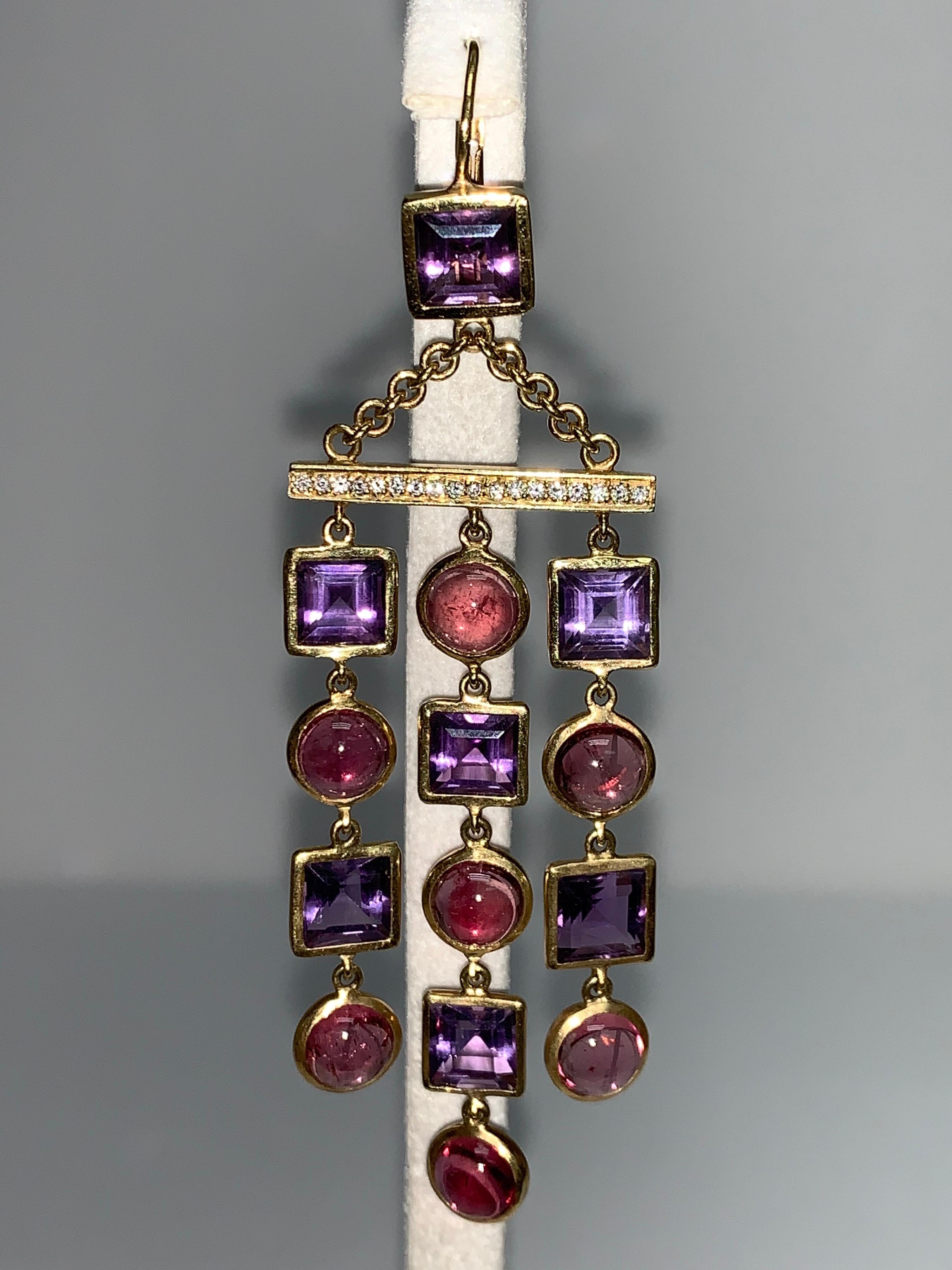 Cabochon Amethyst & Pink Tourmaline, Yellow Gold Chandelier Earrings For Sale
