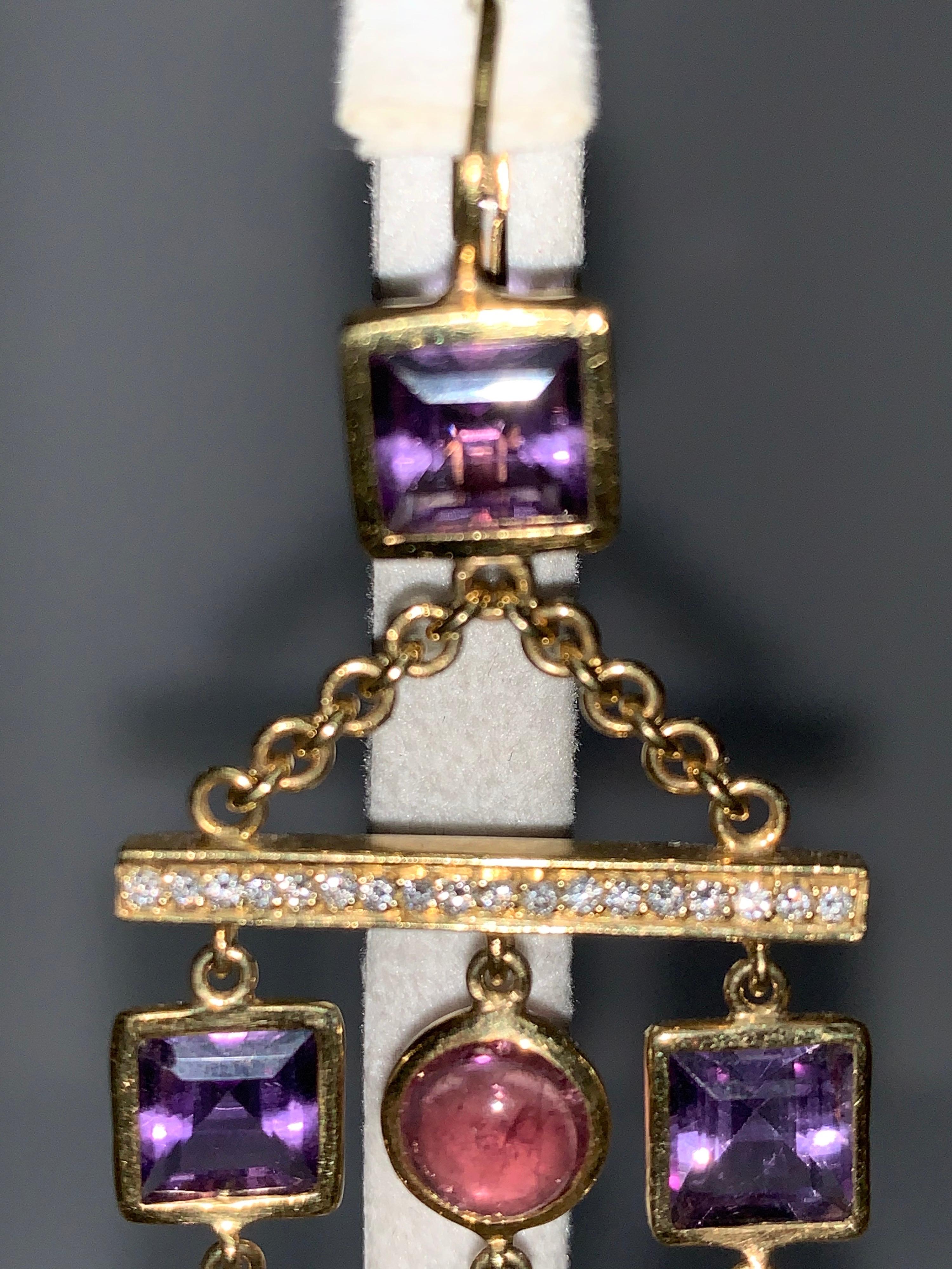 Amethyst & Pink Tourmaline, Yellow Gold Chandelier Earrings In New Condition For Sale In Scottsdale, AZ