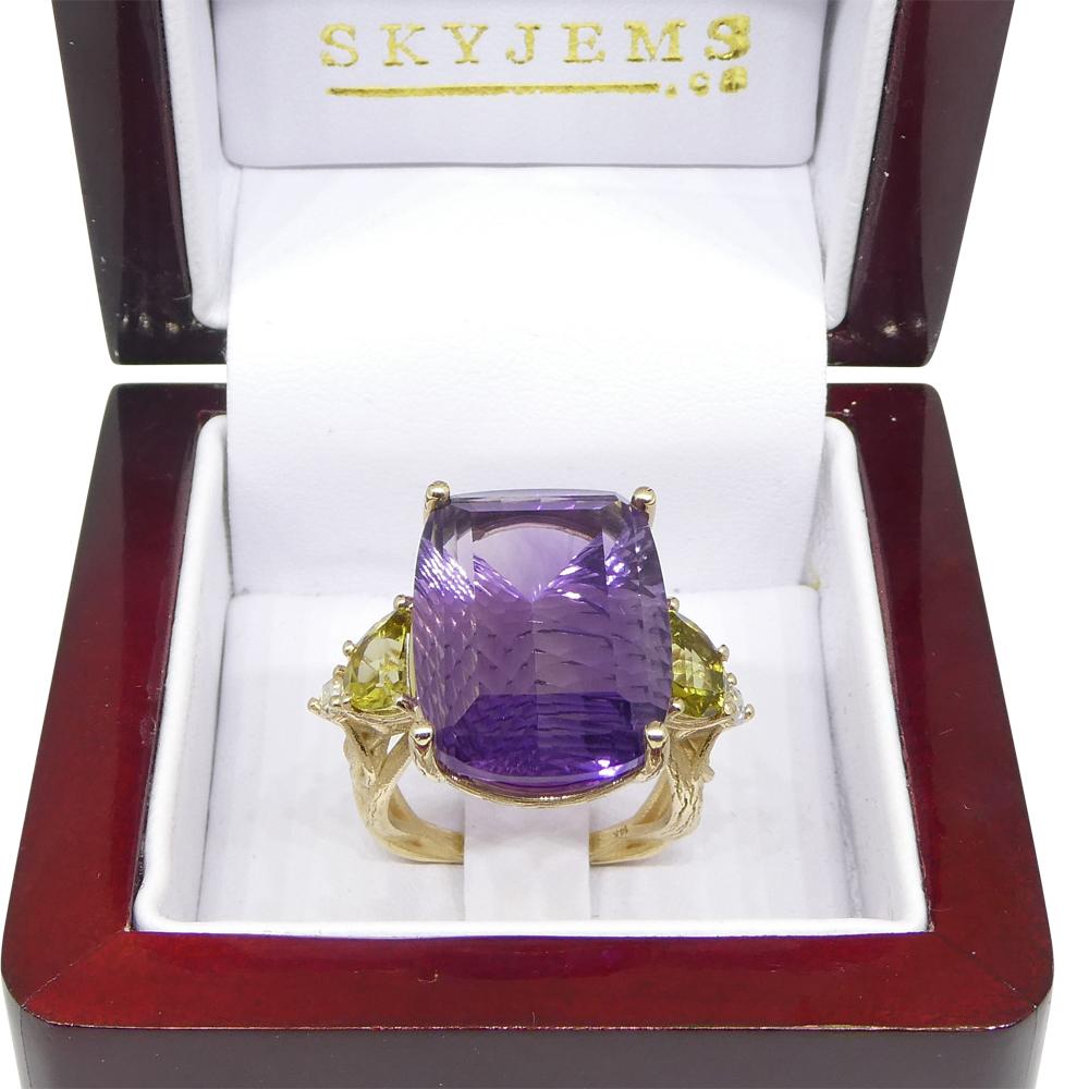 Cushion Cut Amethyst, Tourmaline and Diamond Vine Ring Set in 14k Yellow Gold For Sale