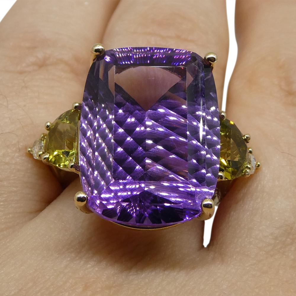 This is a stunning Amethyst, set in 14kt Yellow Gold Ring, with Yellow Sapphires and Rose Cut Diamond side stones. This ring is made to exacting standards here in Canada.

Description:

Gem Type: Amethyst
Number of Stones: 1
Weight: 16.95