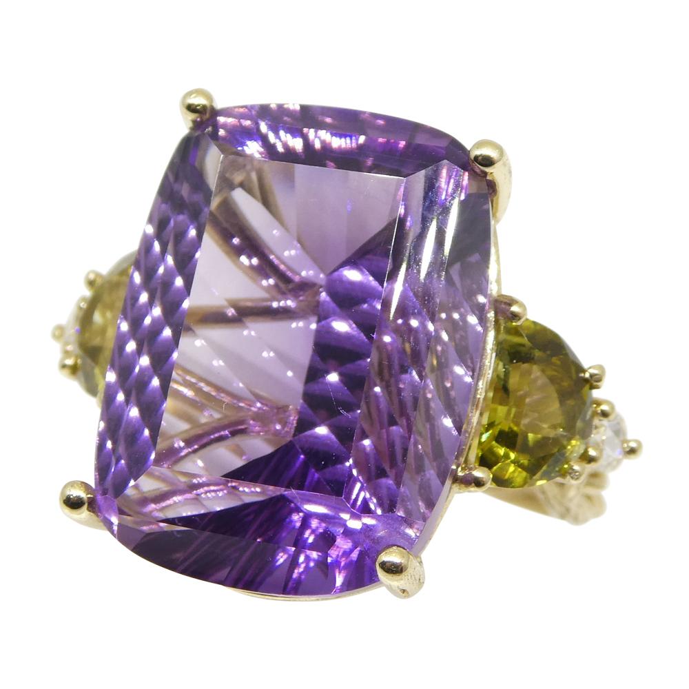 Contemporary Amethyst, Tourmaline and Diamond Vine Ring Set in 14k Yellow Gold For Sale