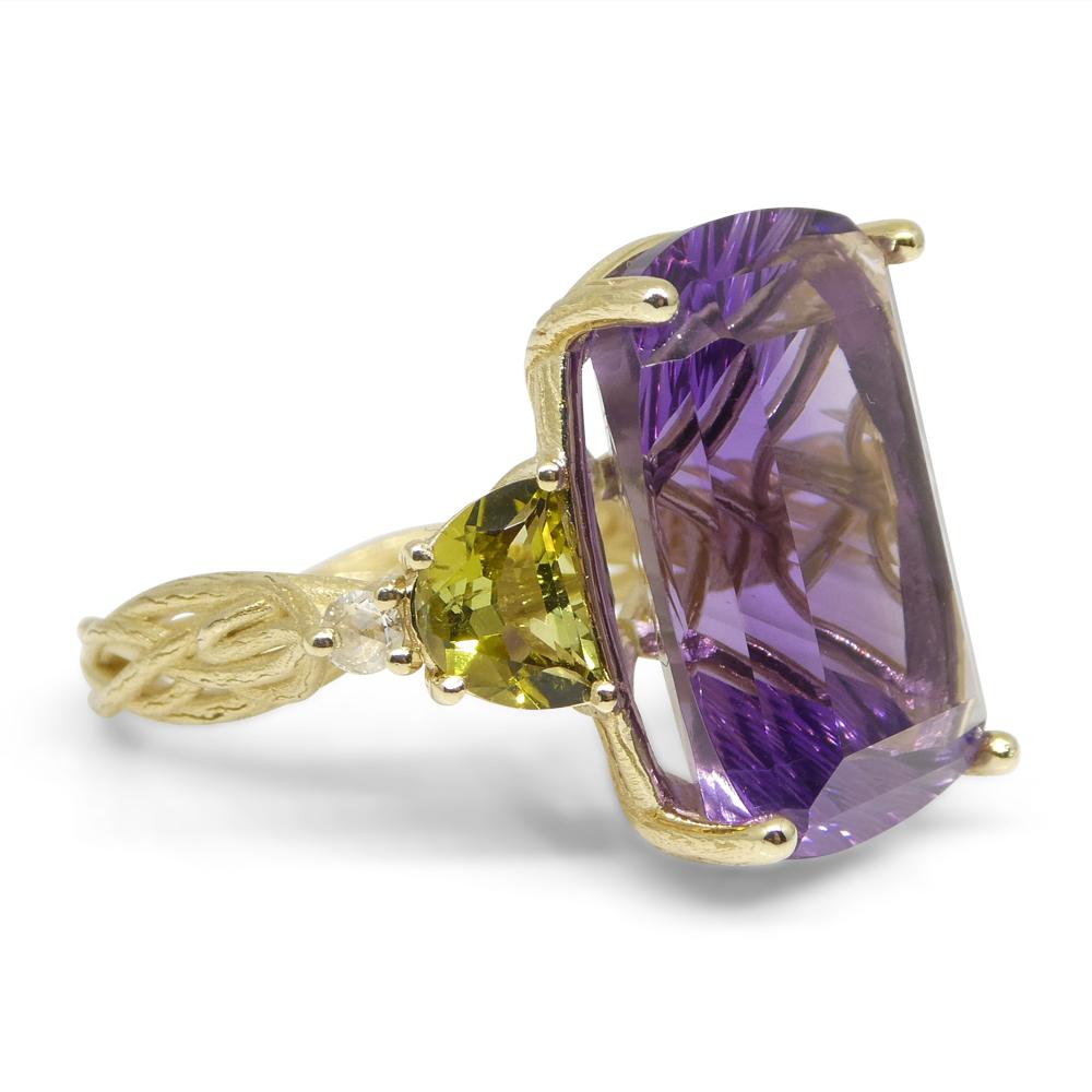 Amethyst, Tourmaline and Diamond Vine Ring Set in 14k Yellow Gold For Sale 1