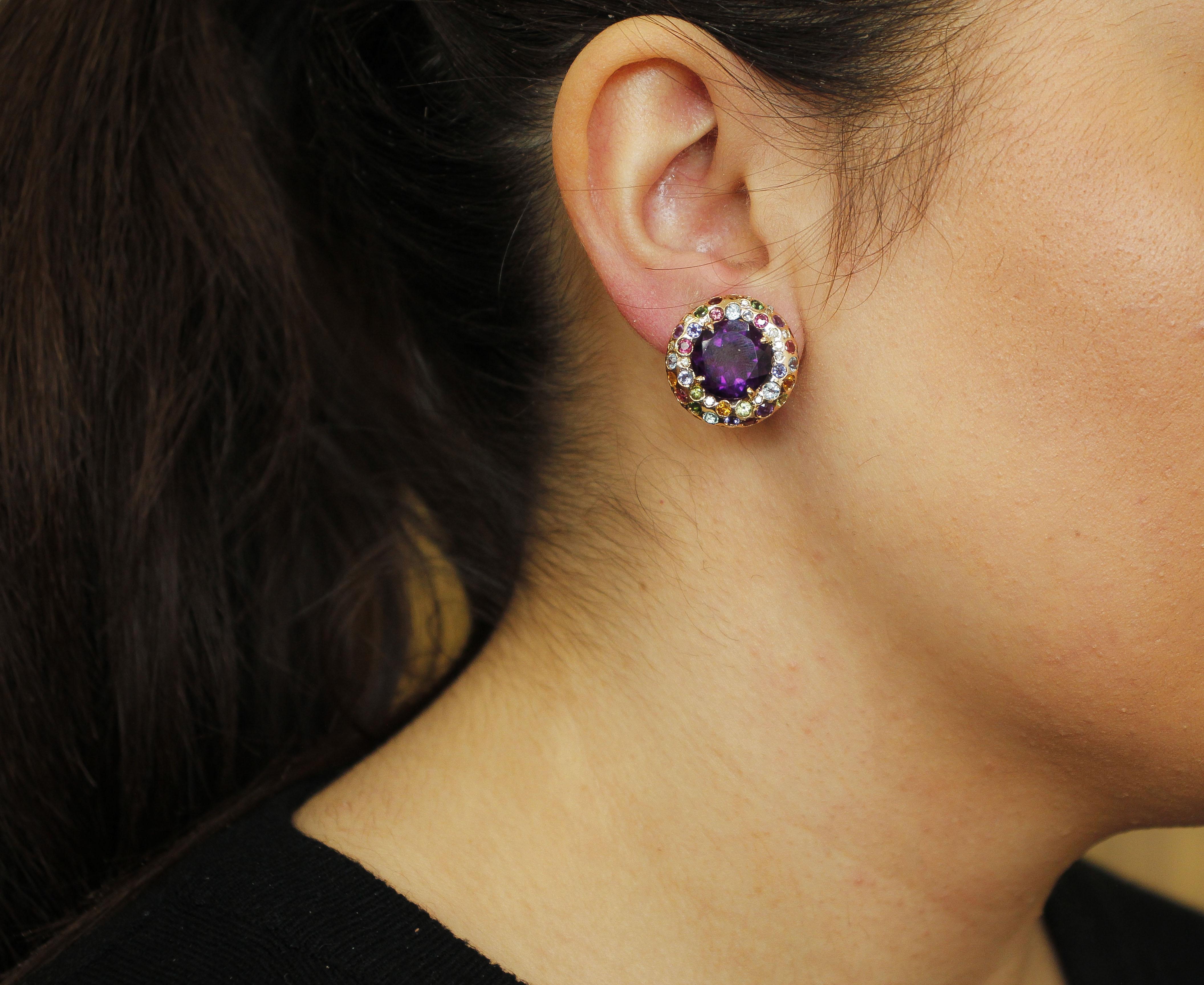 Amethyst, Tourmaline, Diamonds, Garnet, Aquamarine, Iolite, Rose Gold Earrings For Sale 1