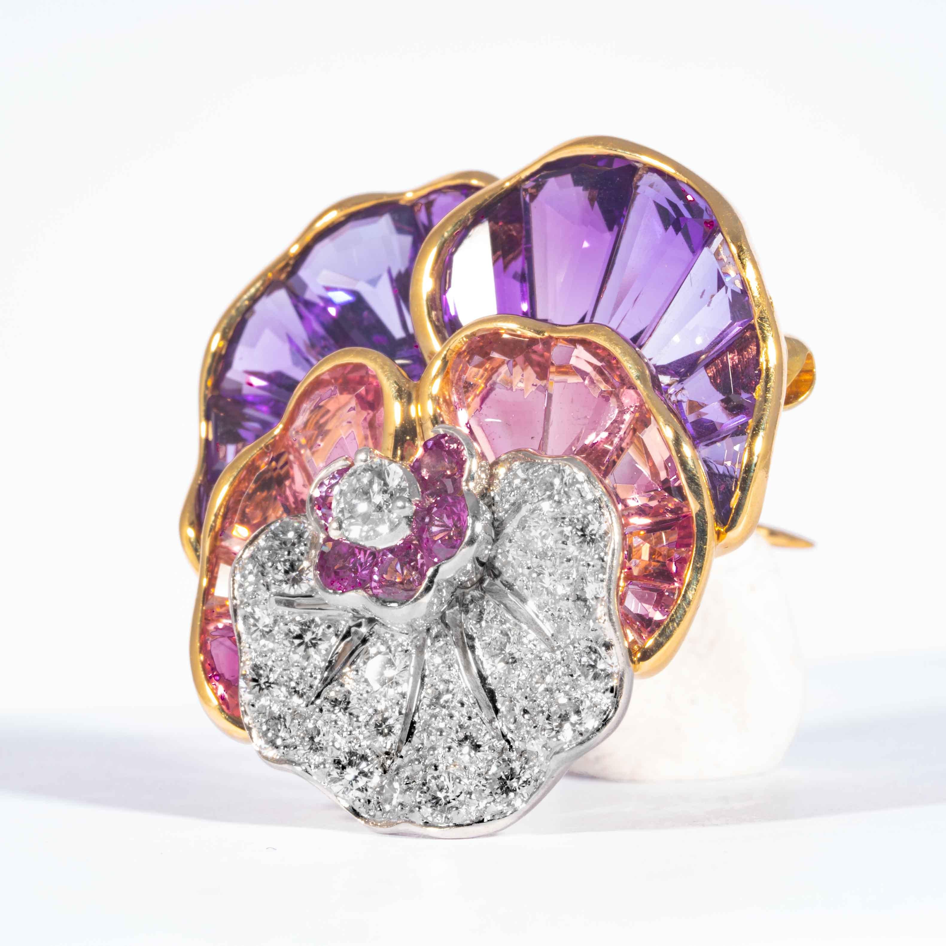Amethyst, Tourmaline, Topaz, and Diamond Pansy Pin, Signed Oscar Heyman Brothers In Excellent Condition For Sale In Boston, MA
