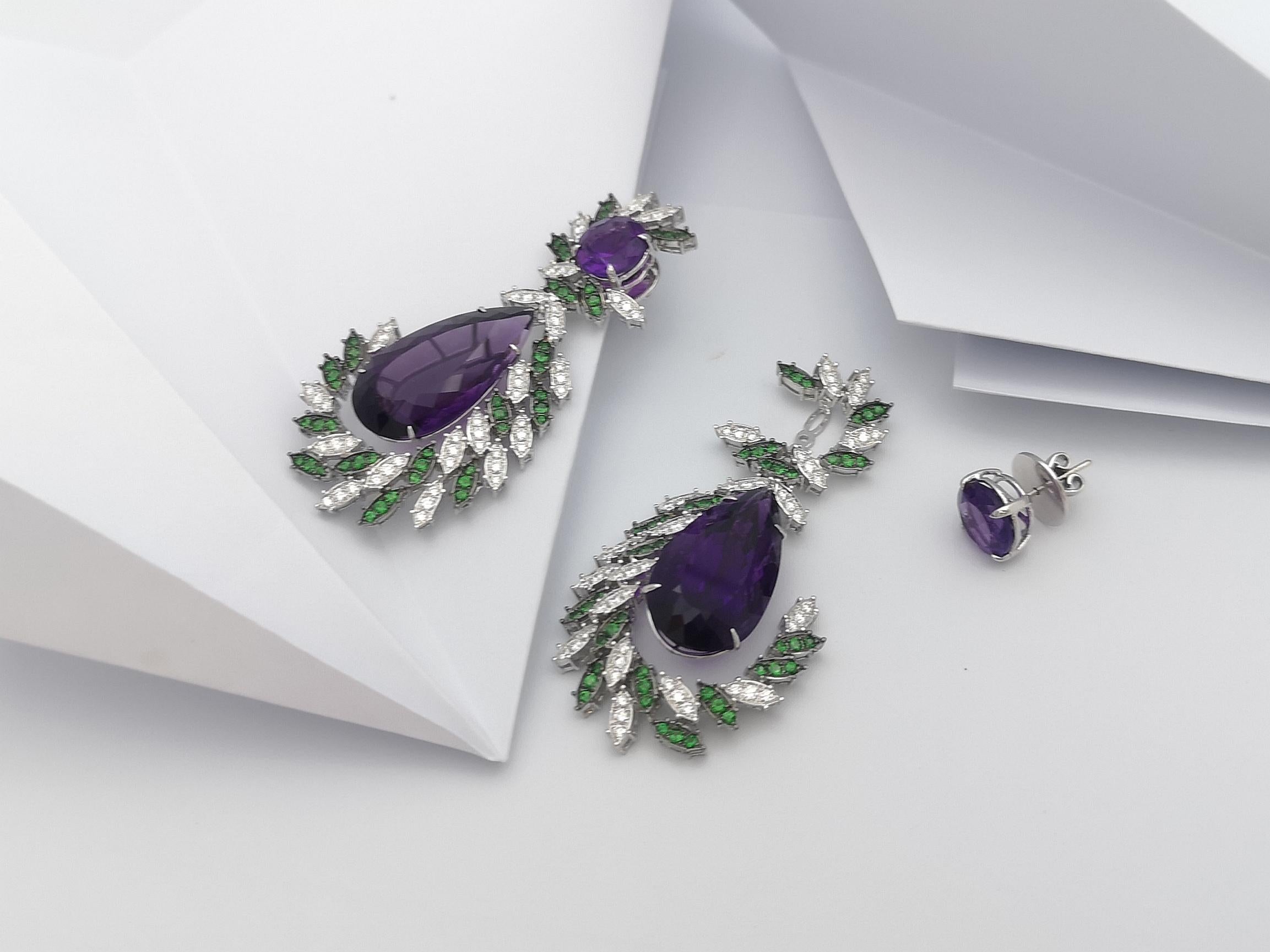 Amethyst, Tsavorite and Diamond Earrings Set in 18 Karat White Gold Settings For Sale 4