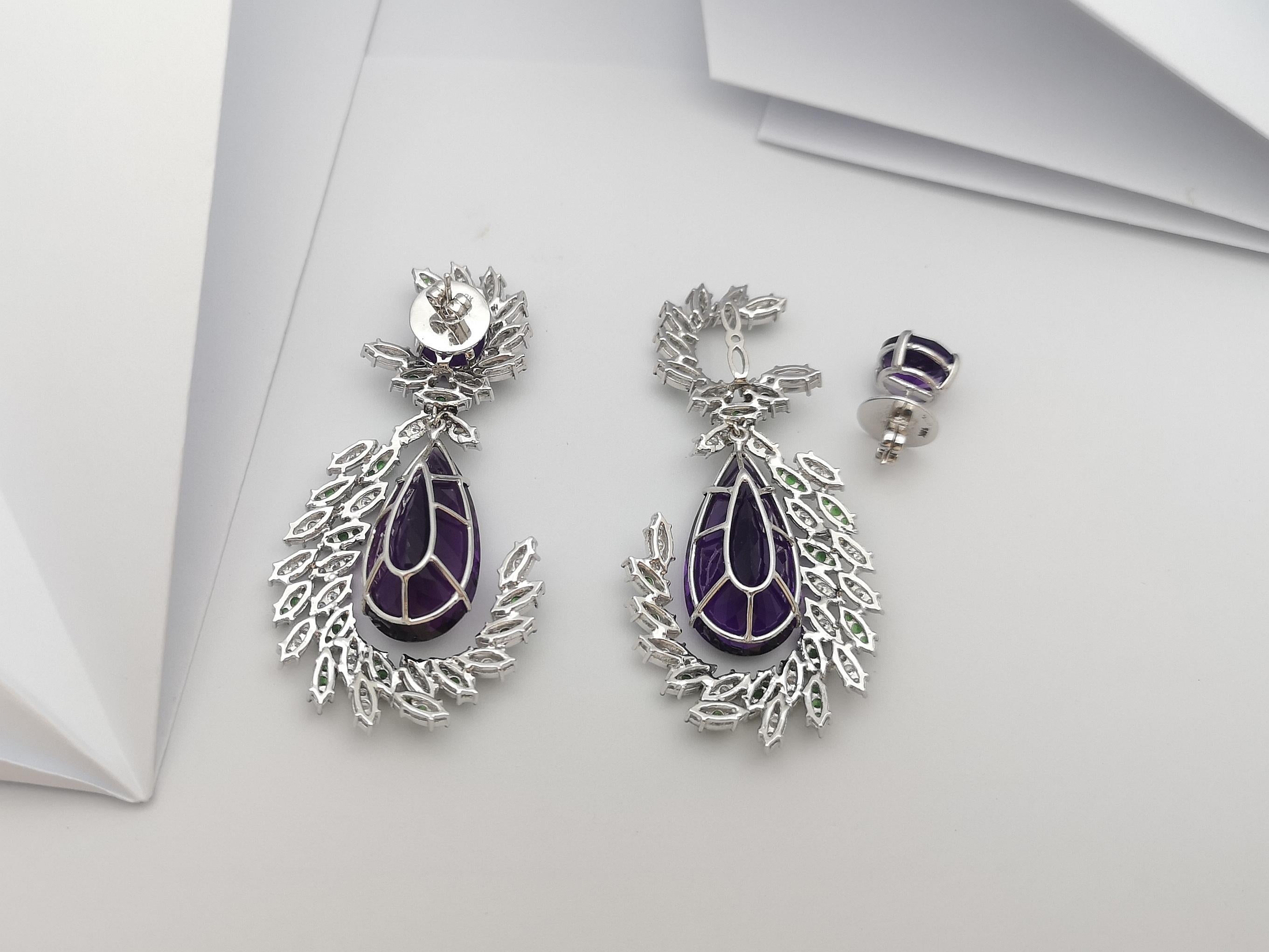 Amethyst, Tsavorite and Diamond Earrings Set in 18 Karat White Gold Settings For Sale 5