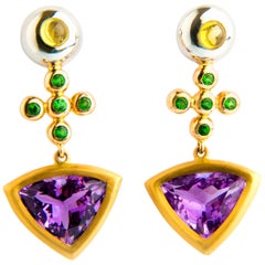 Amethyst, Tsavorite and Yellow Sapphire Cabochons Yellow Gold Cocktail Earrings
