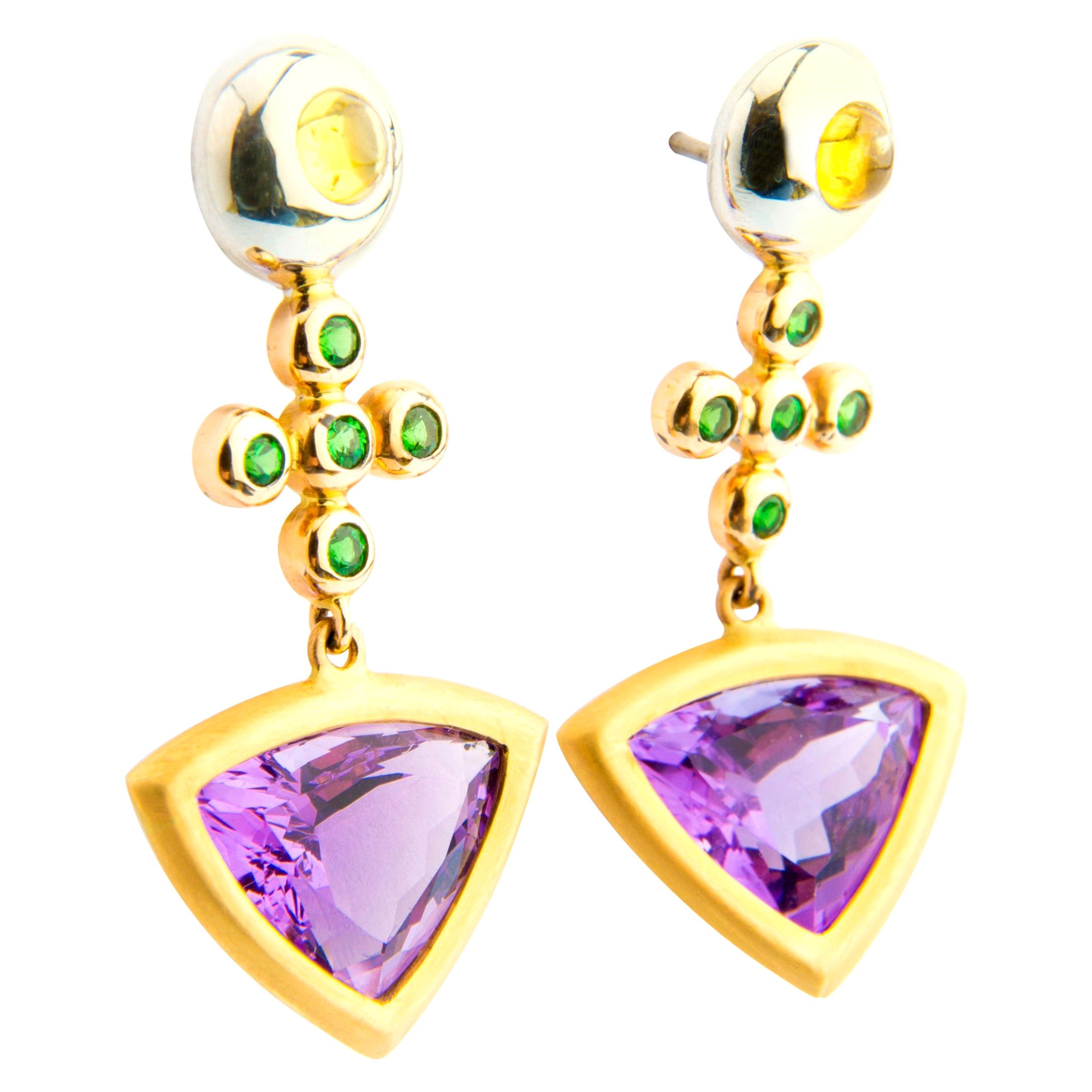 Amethyst, Tsavorite and Yellow Sapphire Cabochons Yellow Gold Cocktail Earrings For Sale