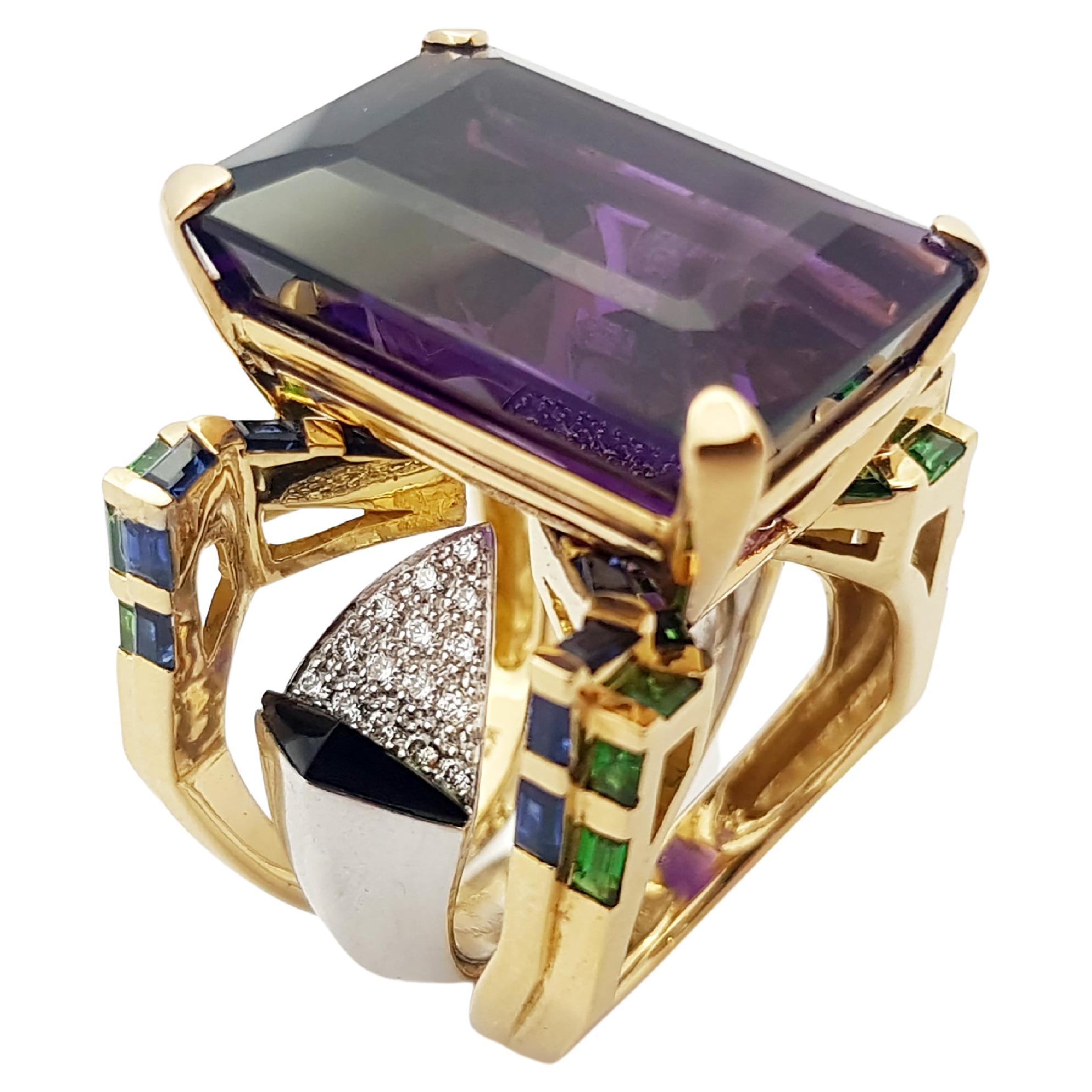 Amethyst, Tsavorite, Blue Sapphire, Diamond Ring set in 18 Karat Gold Settings