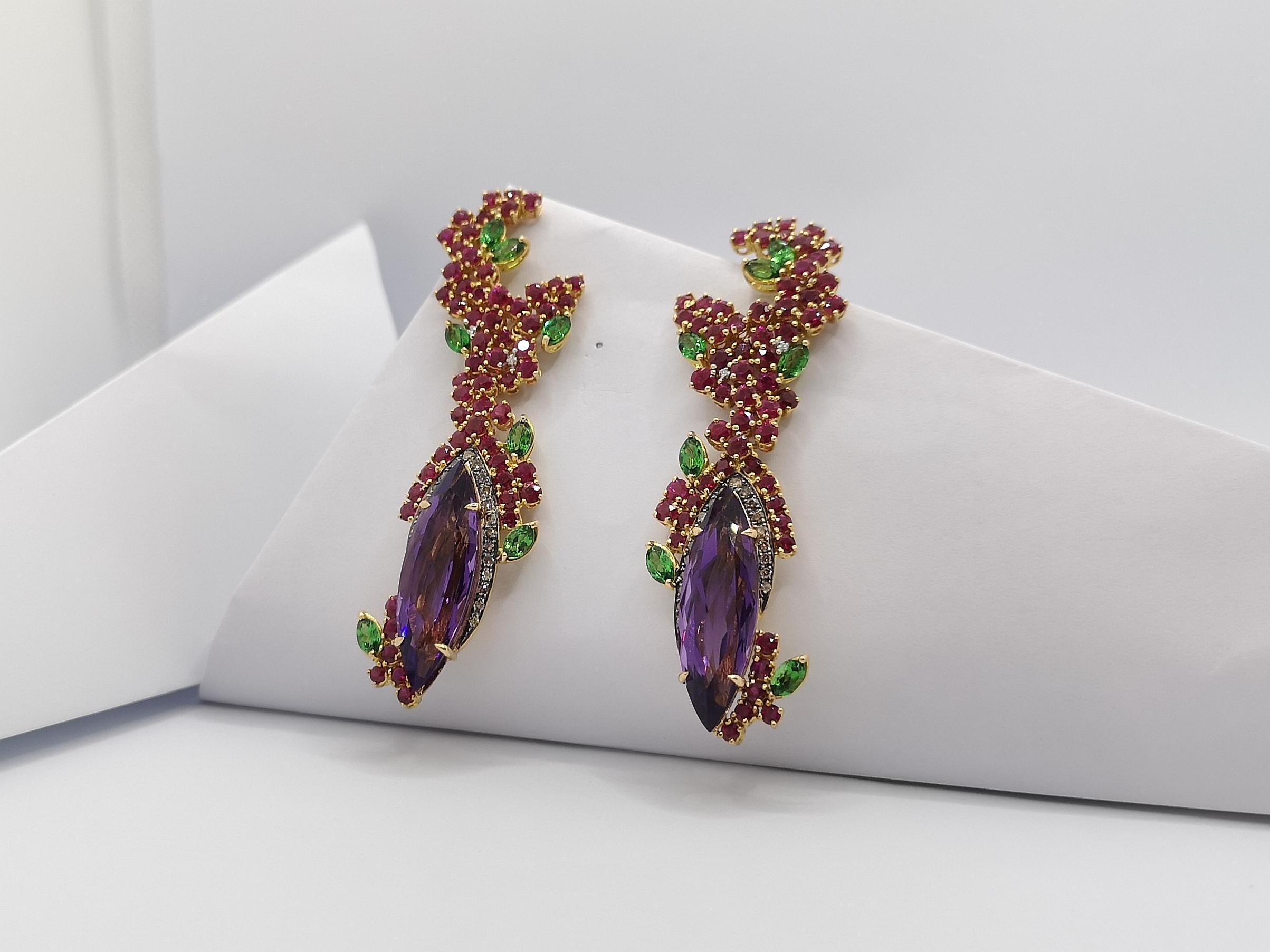 Amethyst, Tsavorite, Brown Diamond and Diamond Earrings Set in 18 Karat Gold For Sale 4