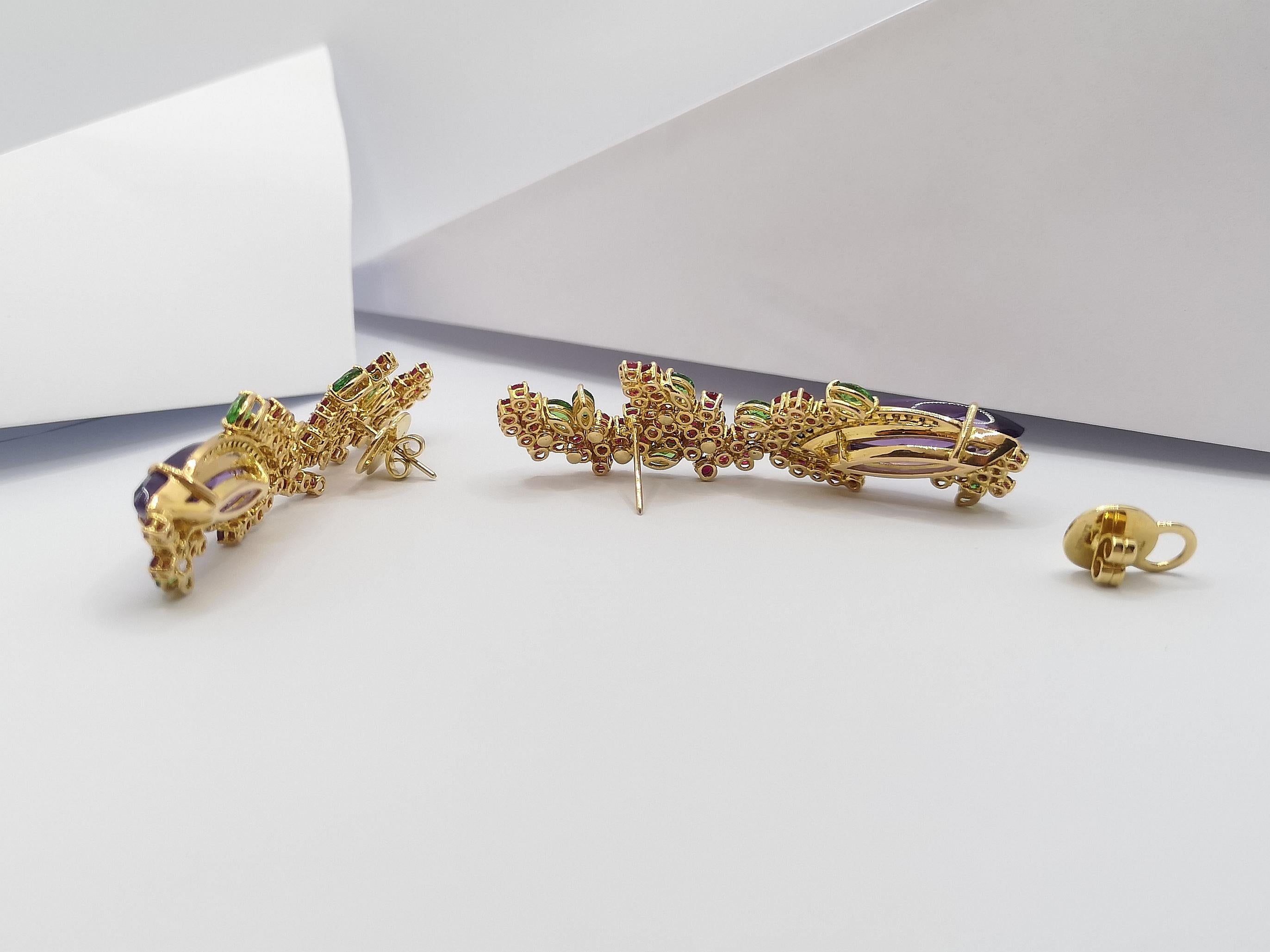 Women's Amethyst, Tsavorite, Brown Diamond and Diamond Earrings Set in 18 Karat Gold For Sale