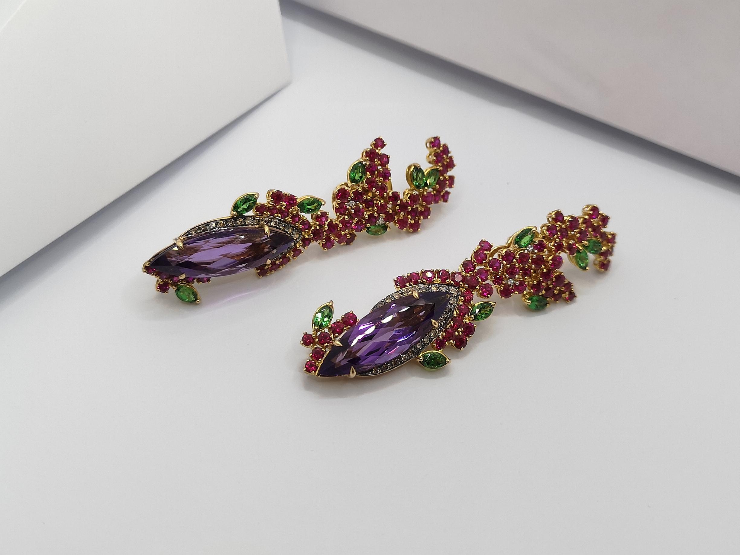 Amethyst, Tsavorite, Brown Diamond and Diamond Earrings Set in 18 Karat Gold For Sale 1