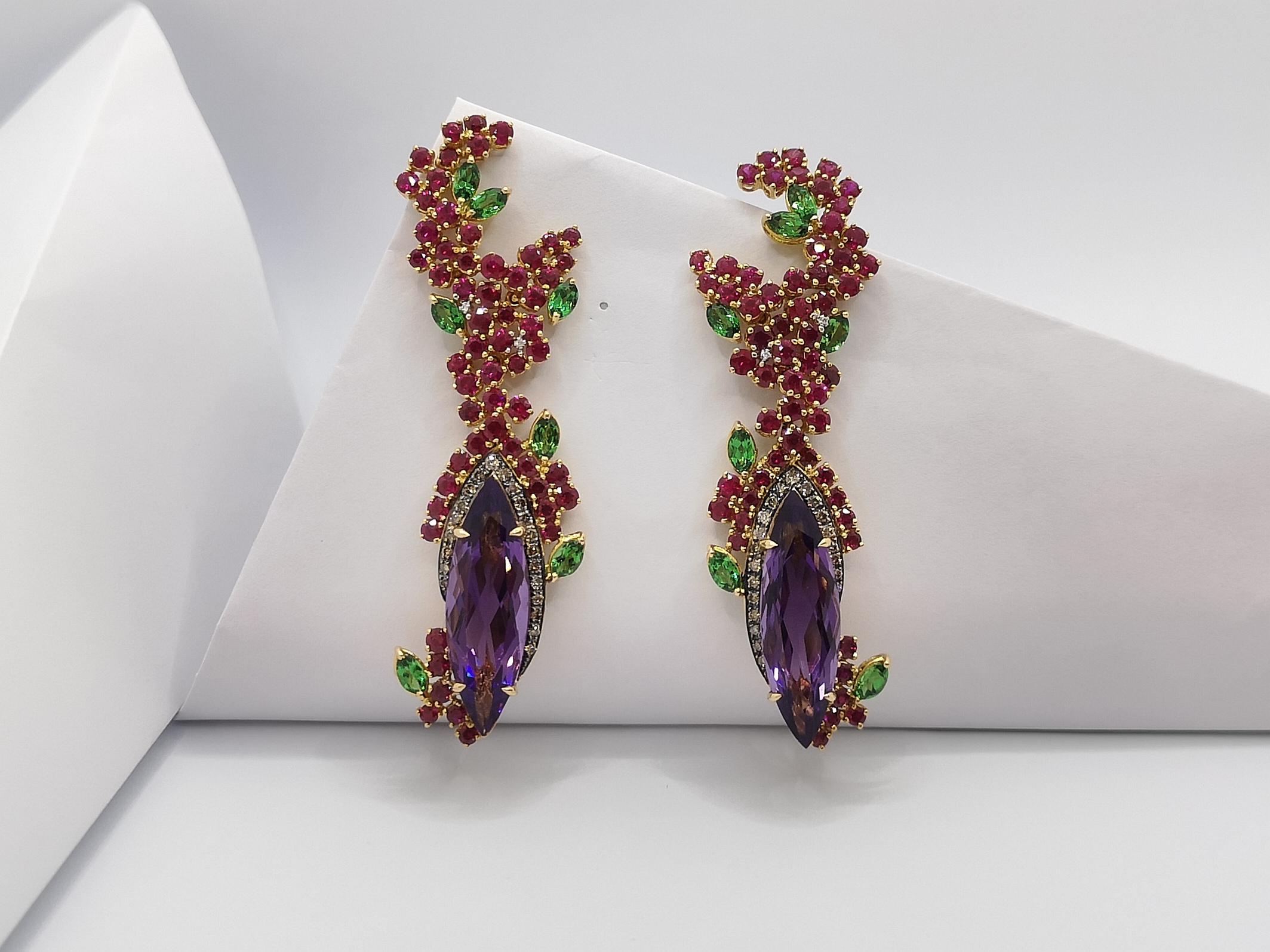 Amethyst, Tsavorite, Brown Diamond and Diamond Earrings Set in 18 Karat Gold For Sale 3