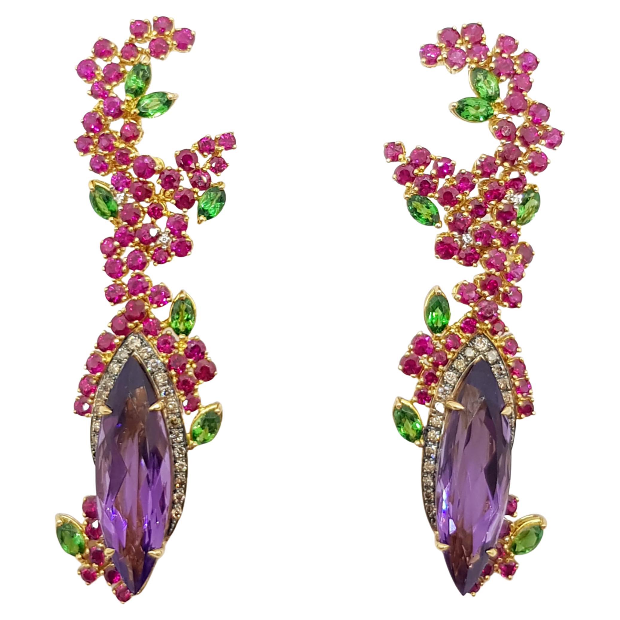 Amethyst, Tsavorite, Brown Diamond and Diamond Earrings Set in 18 Karat Gold For Sale