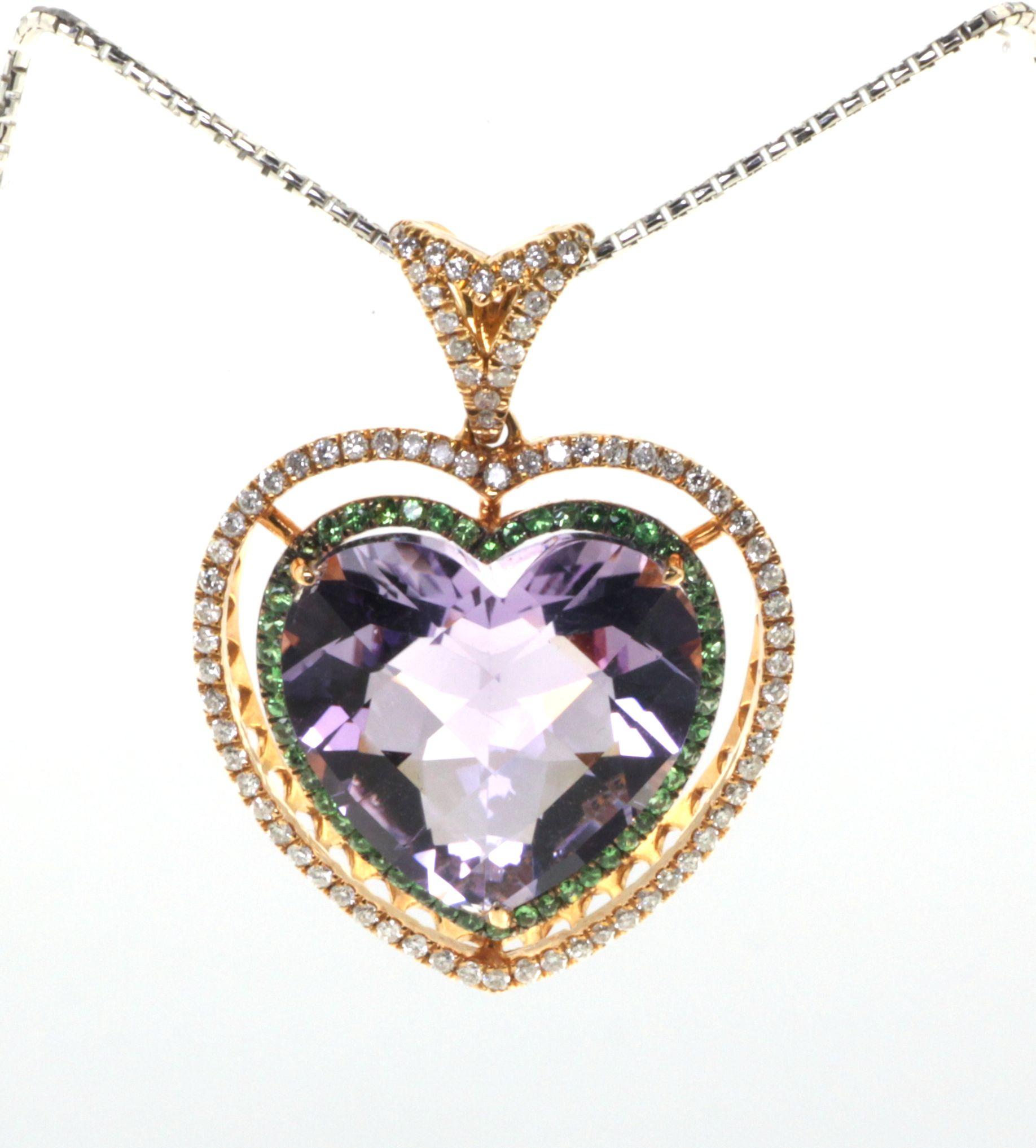 Amethyst Tsavorite Diamond Heart Pendant in 18 Karat Rose Gold In New Condition For Sale In Hong Kong, HK