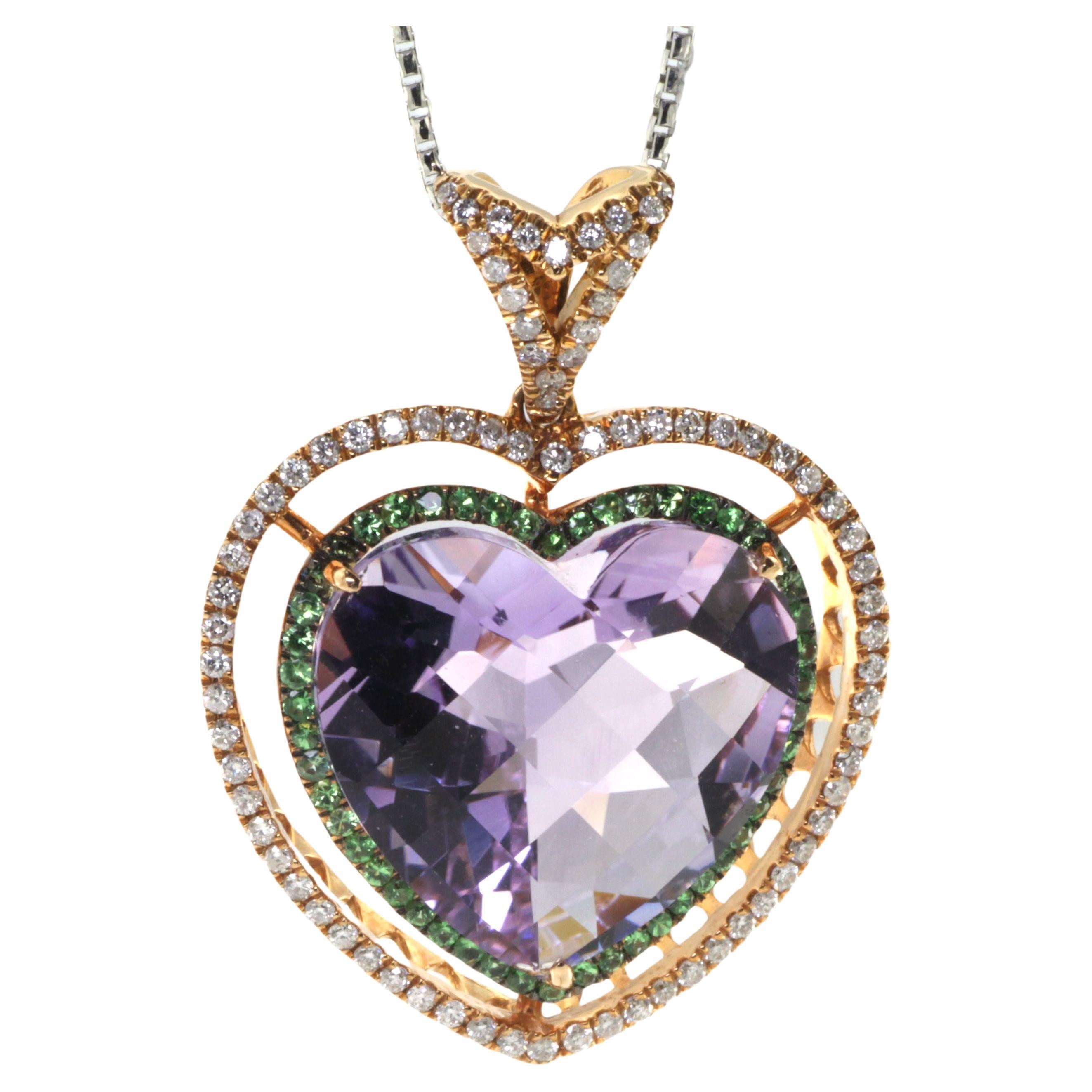 Amethyst Tsavorite Diamond Heart Pendant in 18 Karat Rose Gold For Sale