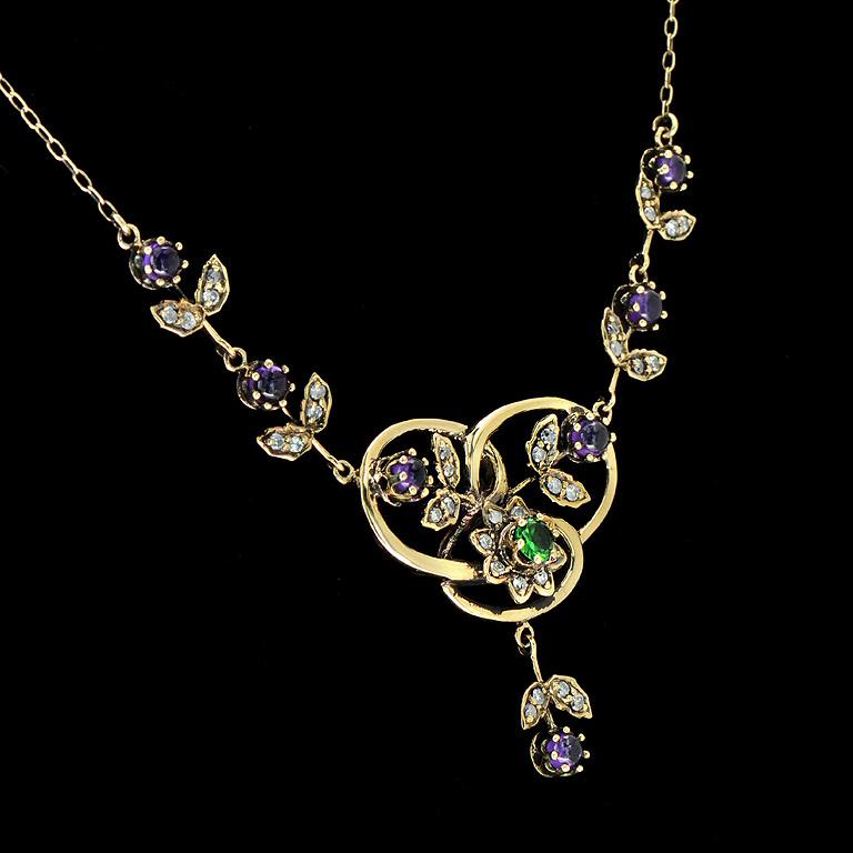 Victorian Amethyst Tsavorite Diamond Pendant Necklace