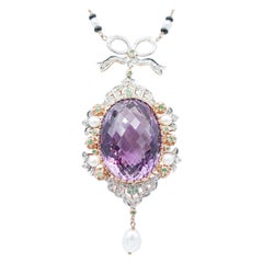 Amethyst, Tsavorite, Diamonds, Onyx, Pearls,  Gold and Silver Pendant Necklace